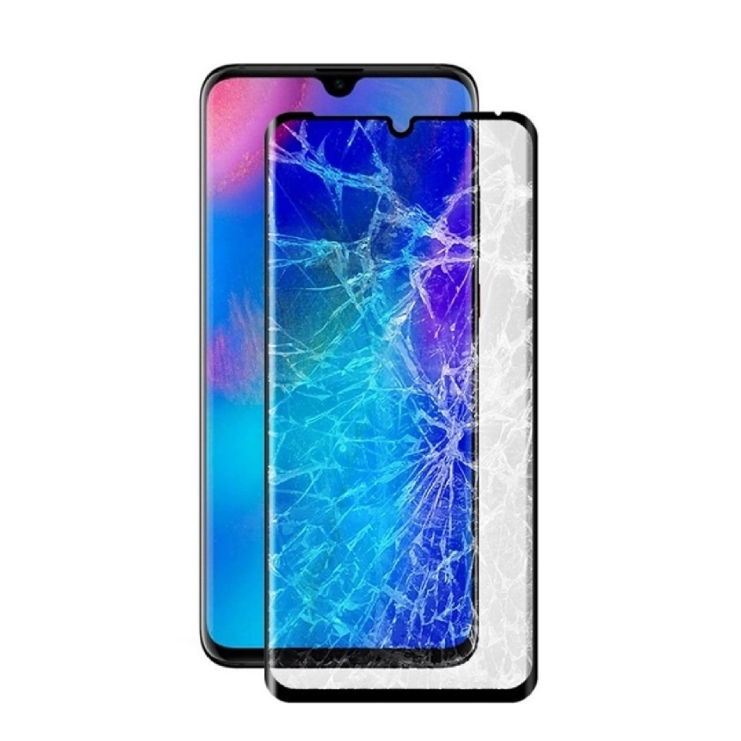 Zwei Smartphones, eins mit gesprungenem Bildschirm, das andere mit blauen und lila Farben.