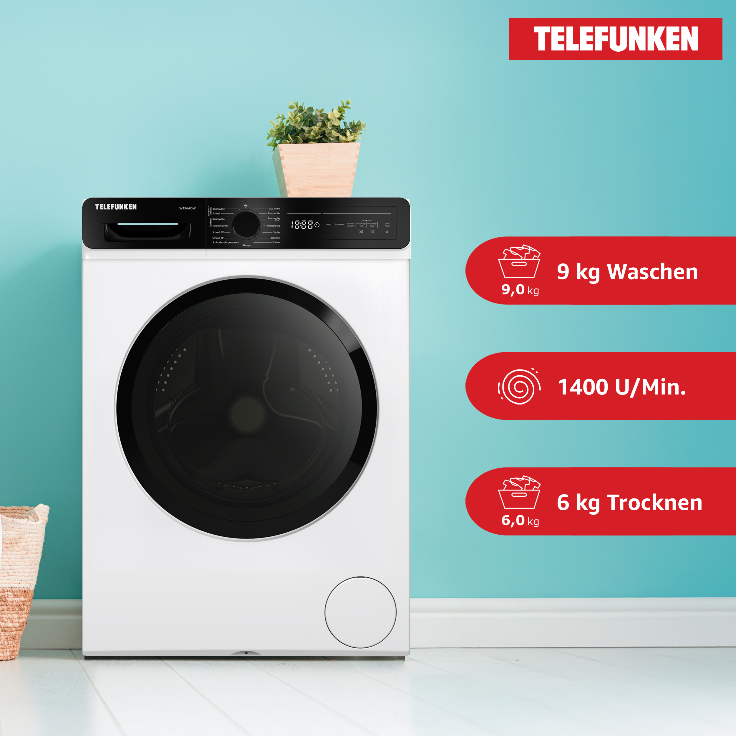 Waschmaschine mit Informationen zum Waschen, Schleudern und Trocknen. Die Marke ist Telefunken.