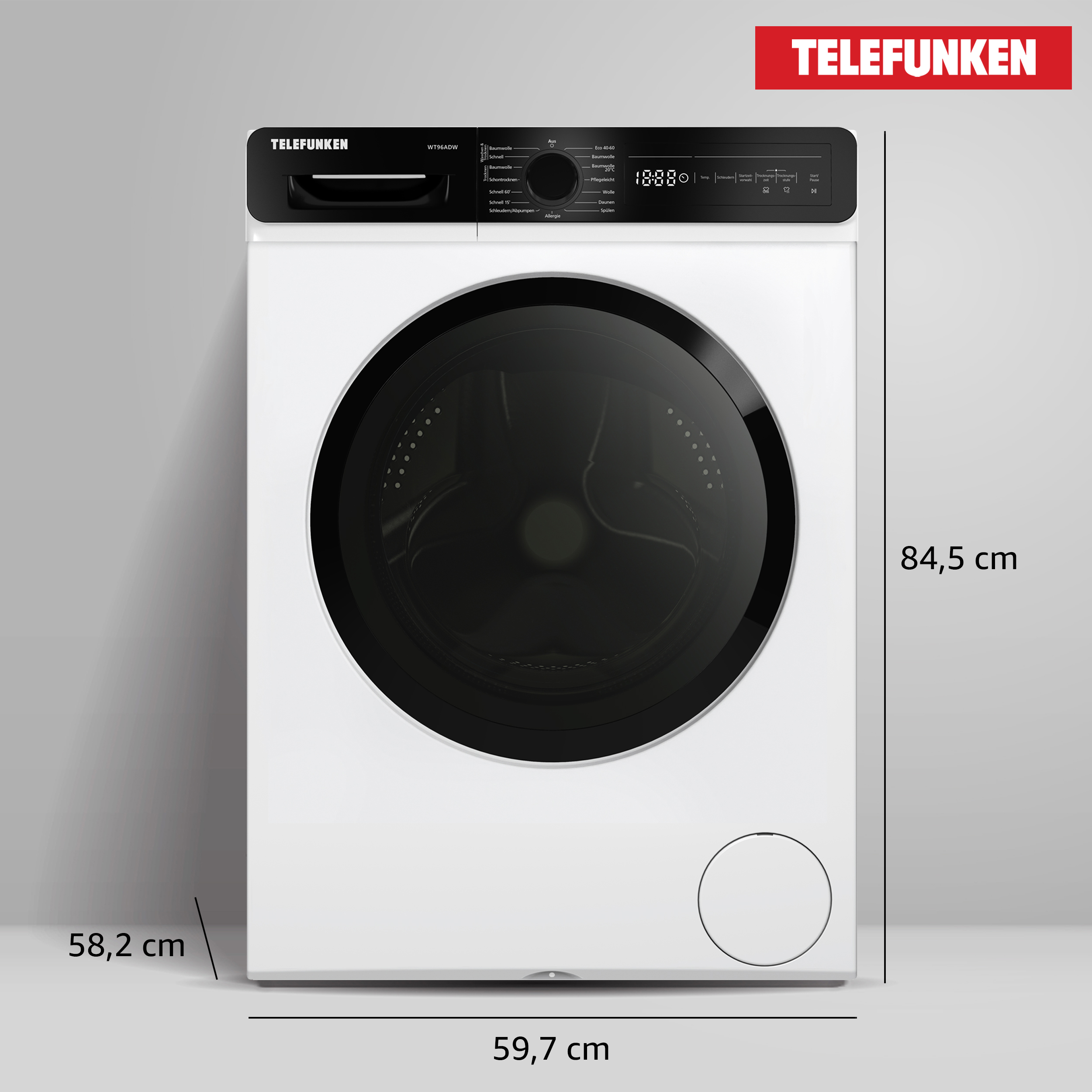 Eine Waschmaschine mit Abmessungen. Die Marke ist Telefunken.
