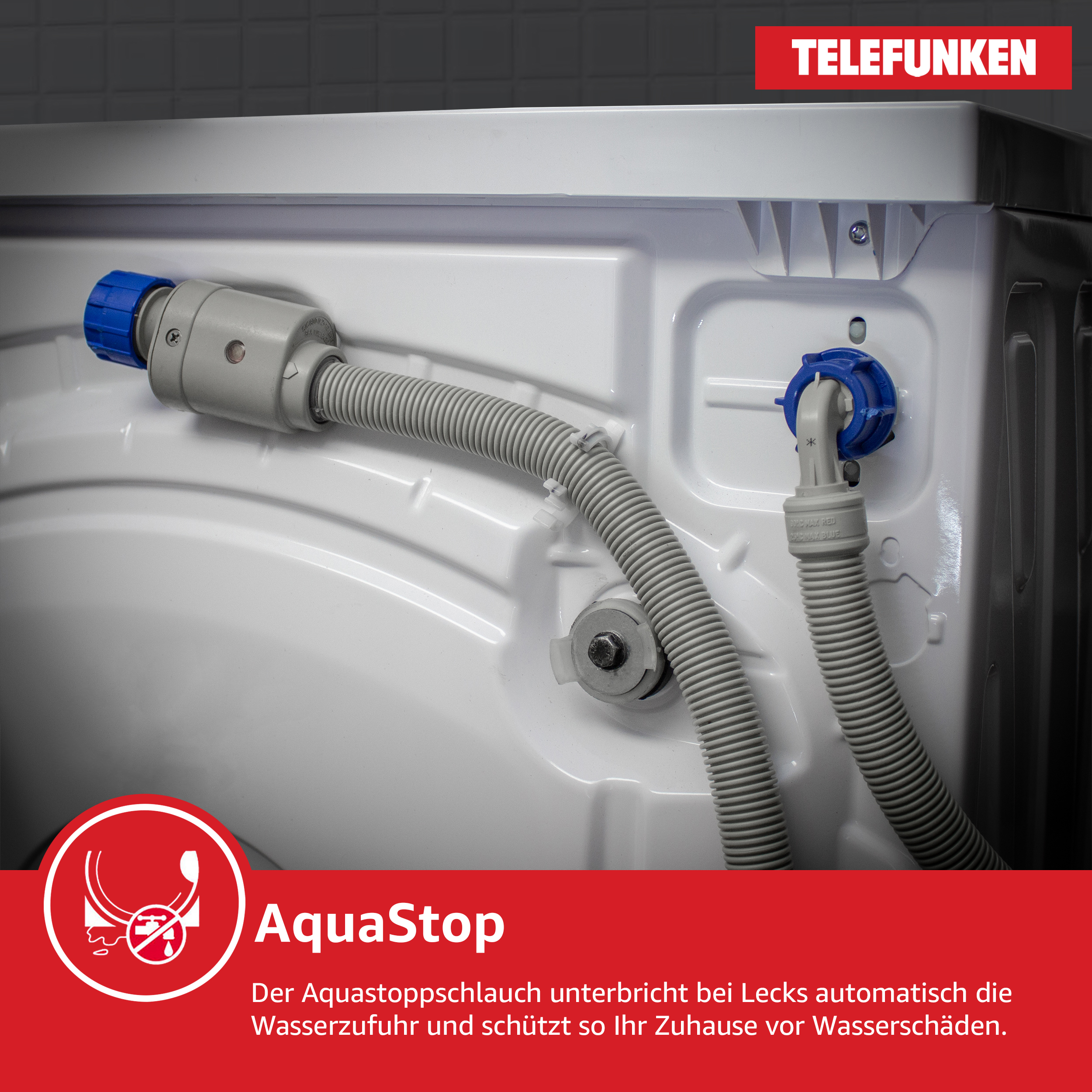 Waschmaschineneinlass und -auslass mit einem roten Kreis mit der Aufschrift AquaStop.