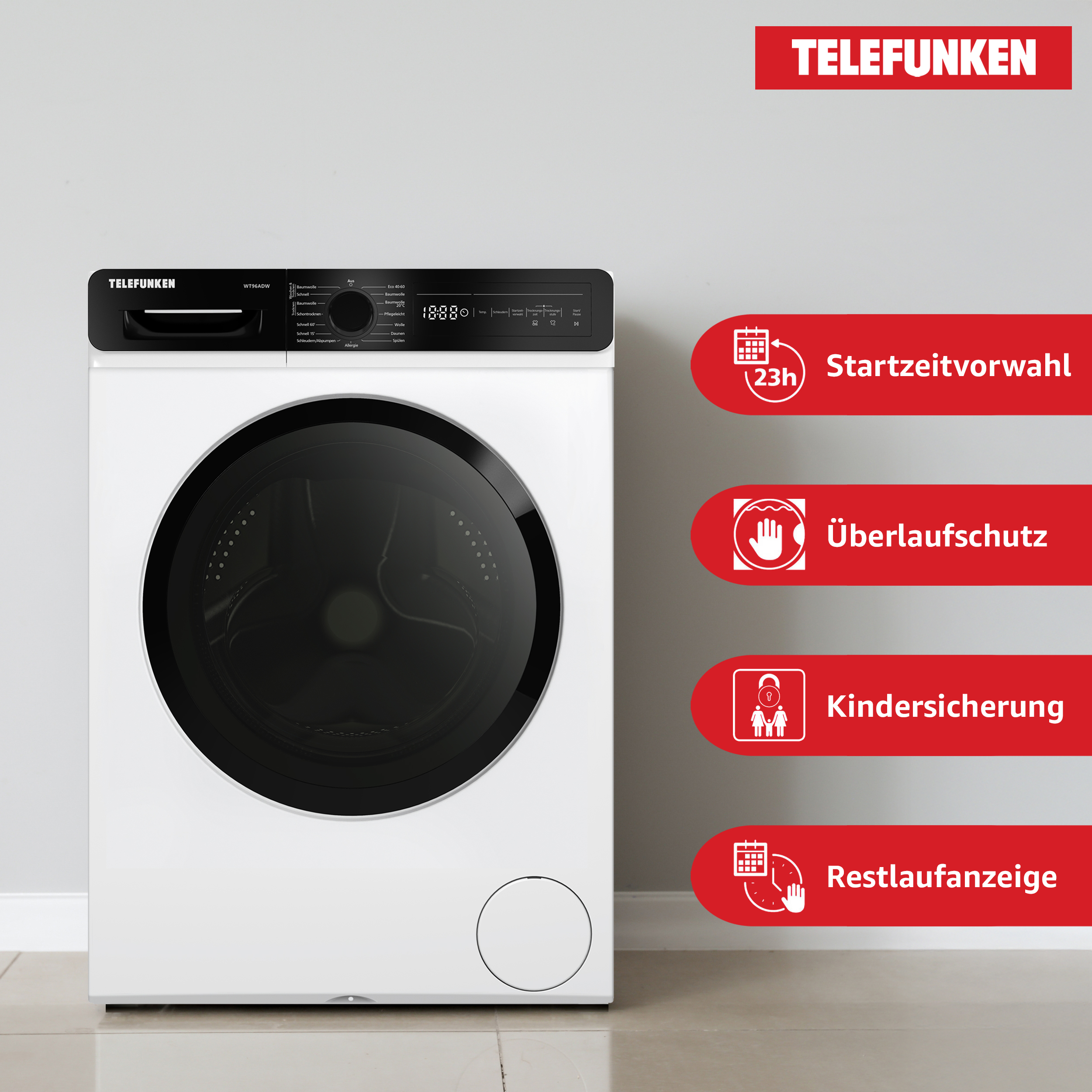 Weiße Waschmaschine mit schwarzer Tür und Bedienfeld. Rote Symbole rechts.