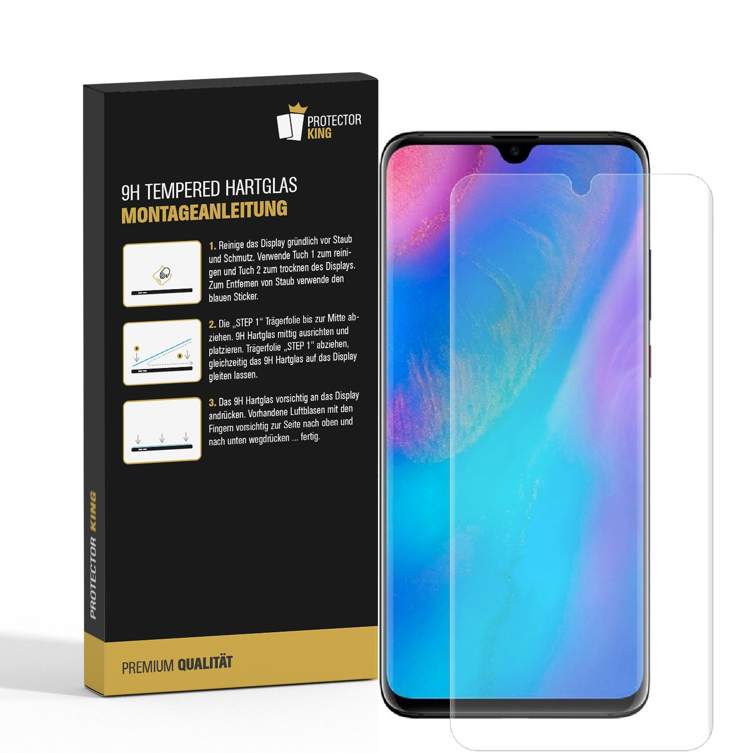 Ein Telefon und Displayschutz mit Anleitung. Das Telefon hat einen Displayschutz.