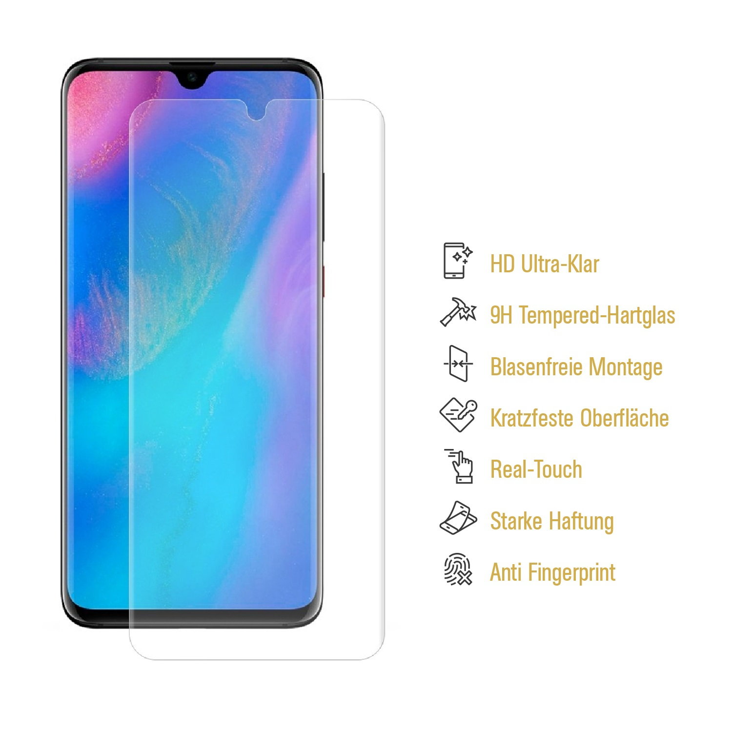 Ein Telefon mit Displayschutz. Auf der rechten Seite befinden sich Symbole.