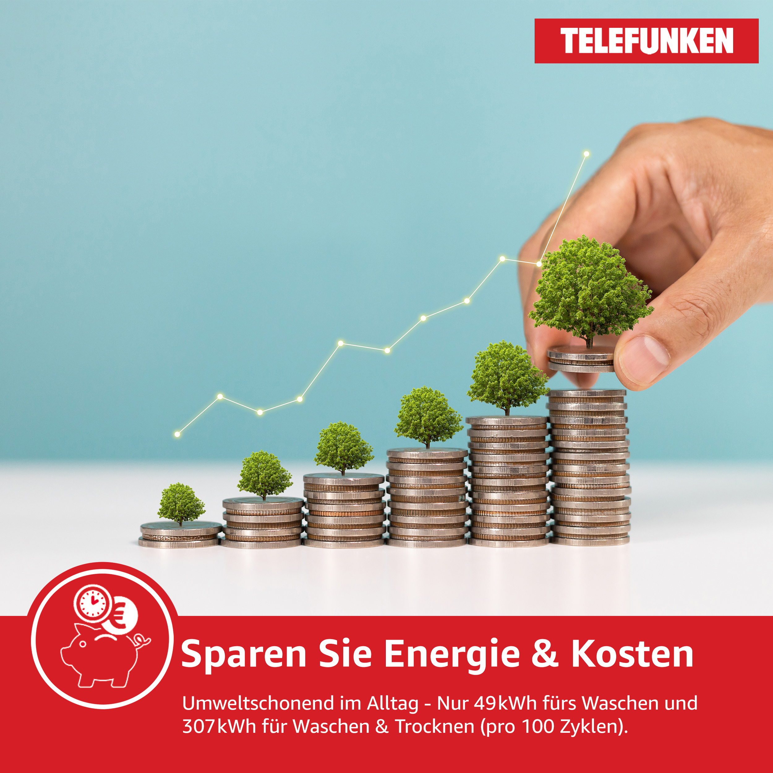 Hand platziert Baum auf Münzen, Diagramm steigt. Sparschwein-Symbol.