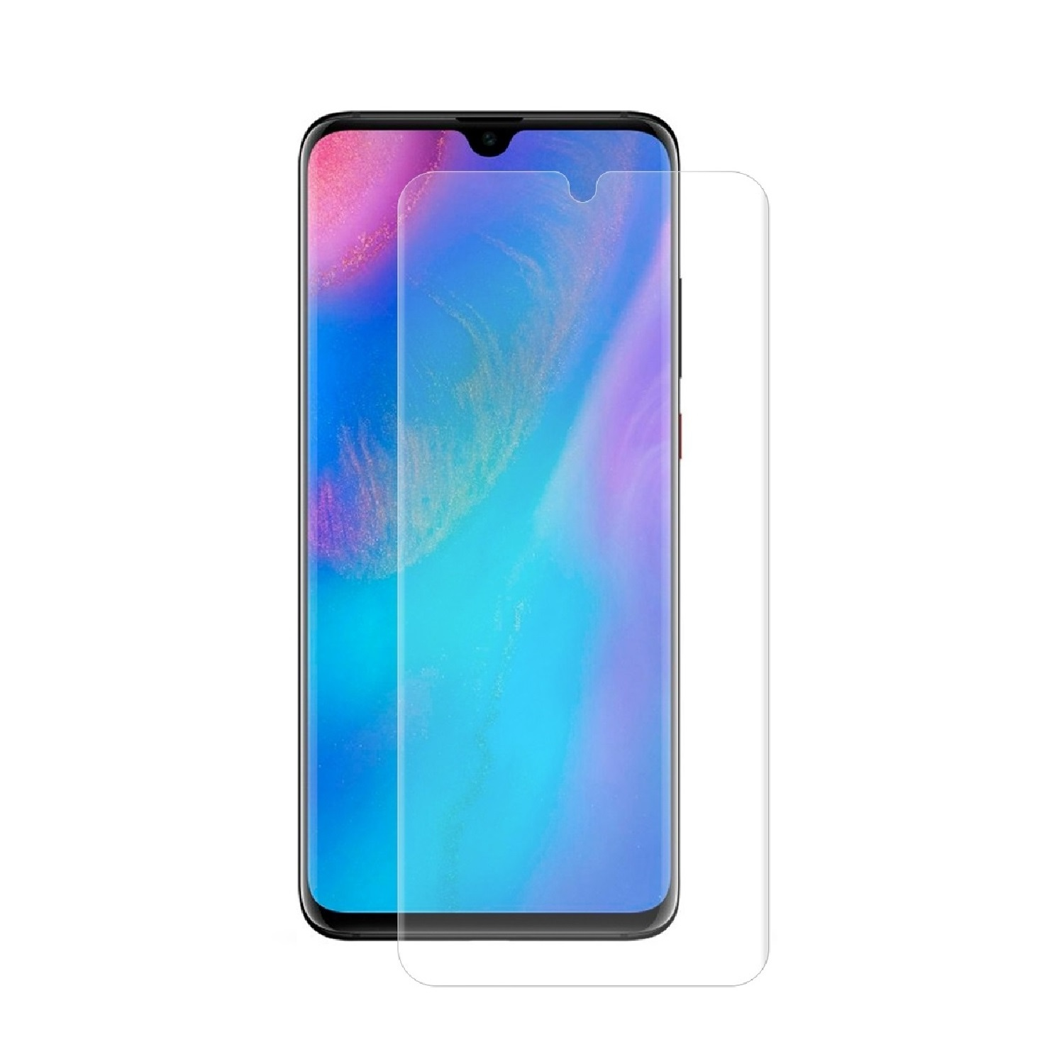 Ein Telefon mit Displayschutz. Der Bildschirm hat blaue und lila Farben.
