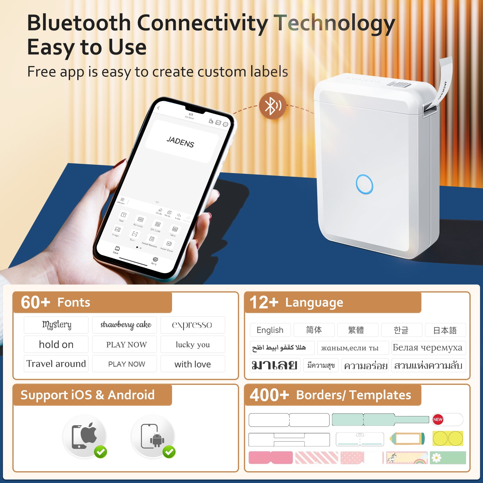 Ein Etikettendrucker wird mit einem Telefon gezeigt, das Etikettendesign-Optionen und verschiedene Schriftarten anzeigt.
