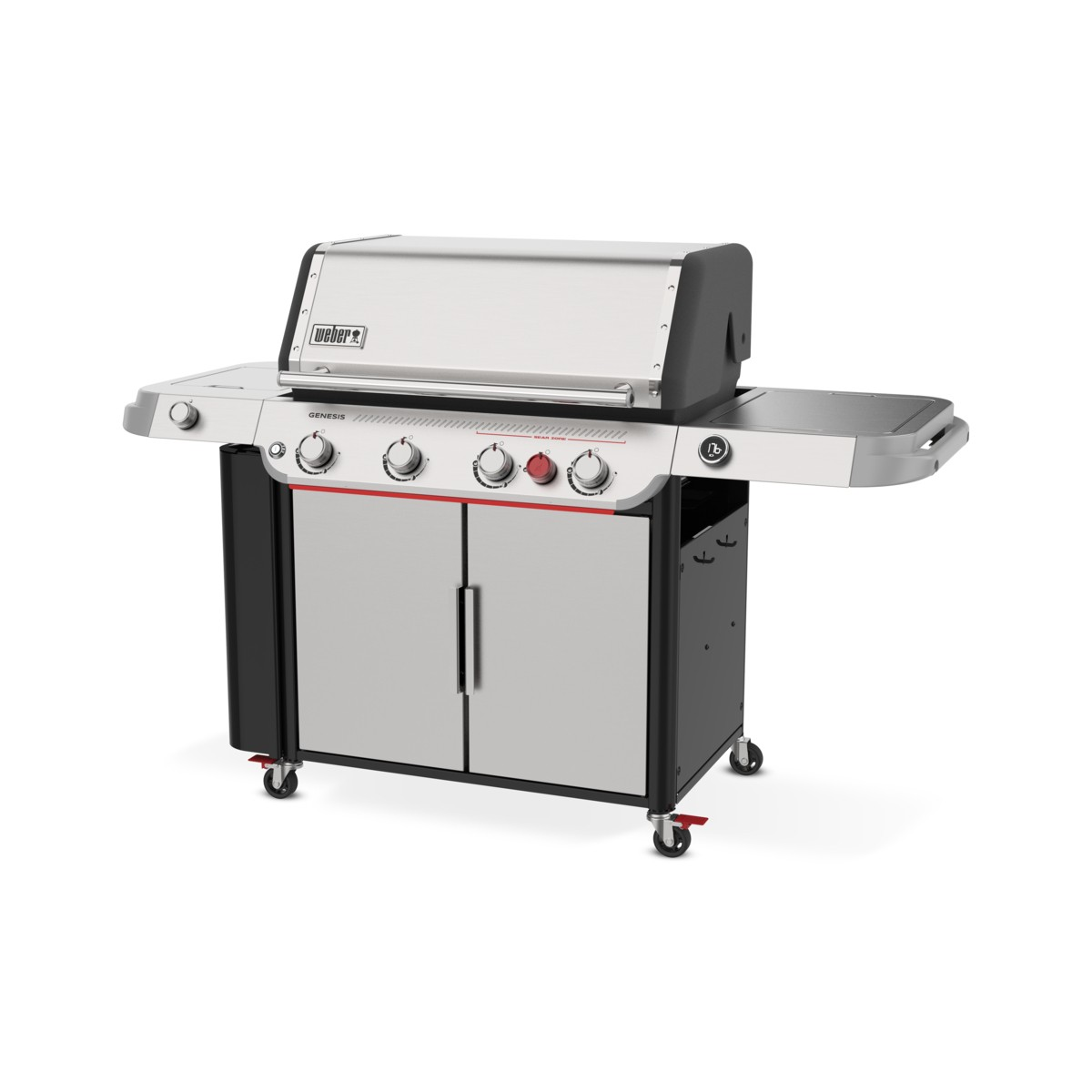 Se muestra una parrilla de acero inoxidable. Tiene dos puertas, tres perillas de control y una cubierta negra.
