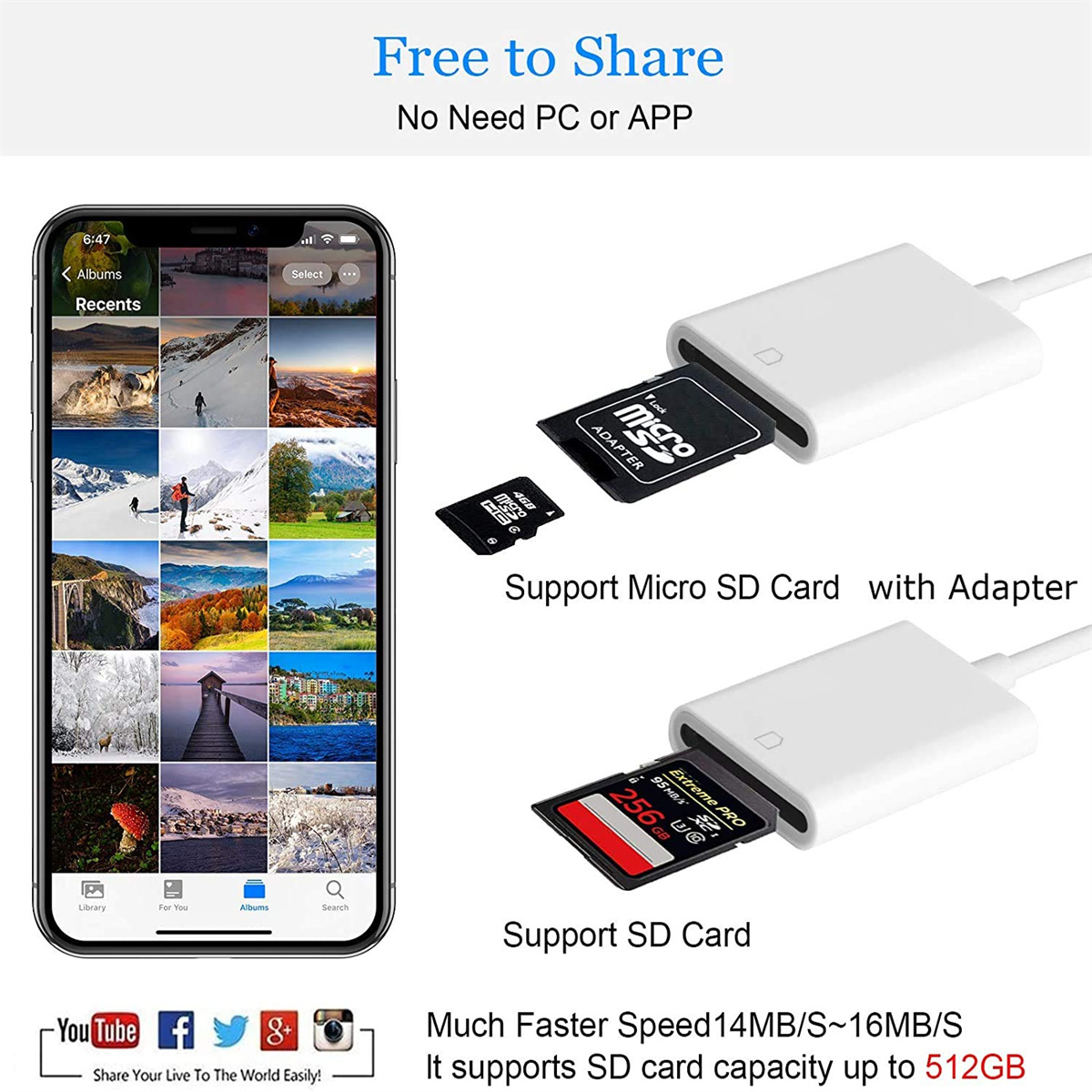 Ein Telefon zeigt Alben und Fotos. Zwei Adapter mit SD-Karten werden gezeigt. Social-Media-Symbole sind unten.
