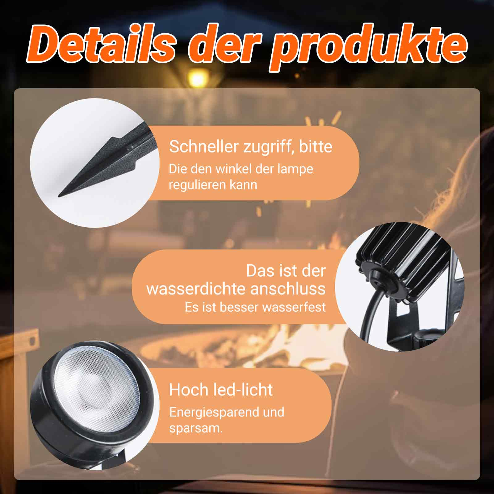 Nahaufnahme von Produktdetails, einschließlich Leuchte, Schraube und Anschluss, mit Texten.