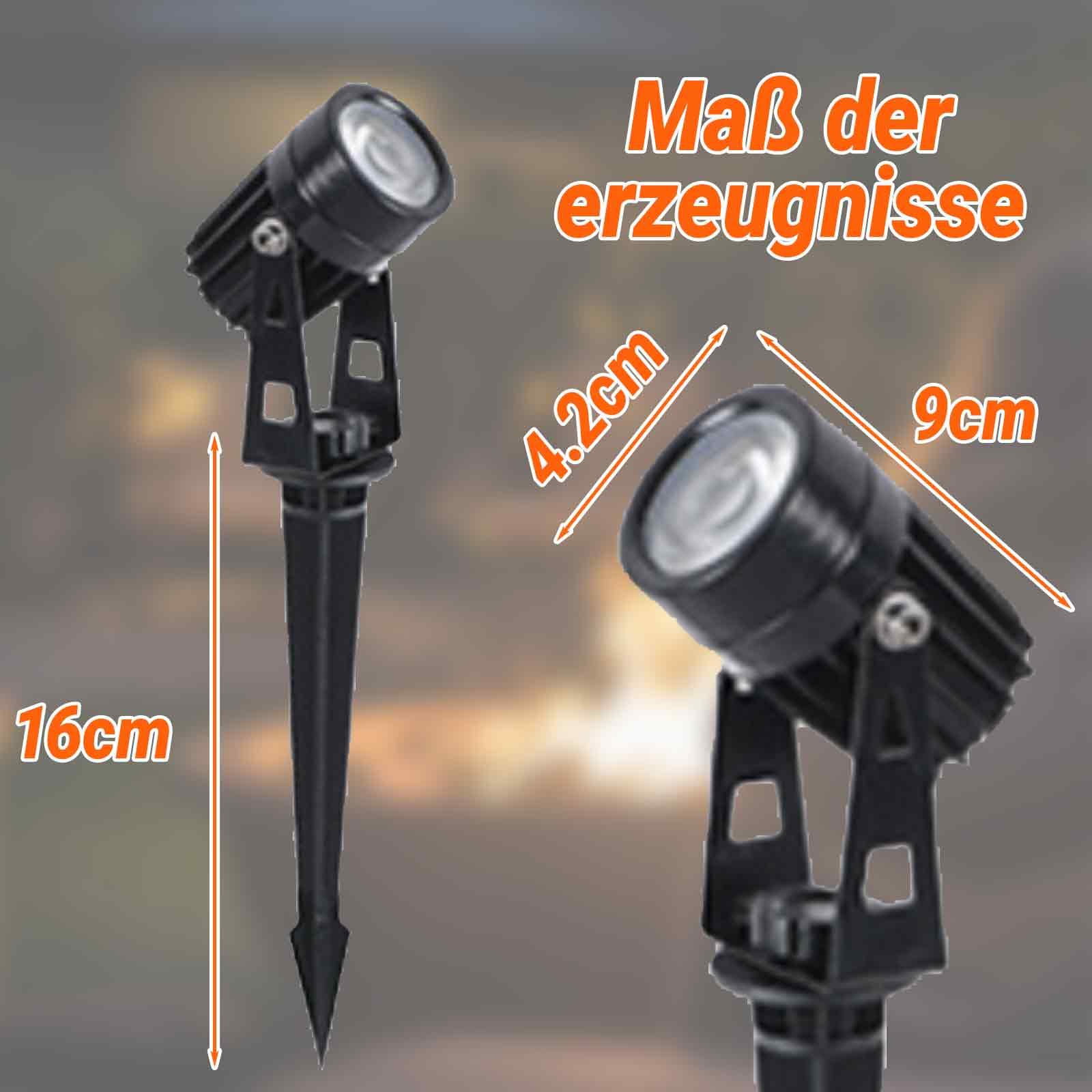 Zwei kleine schwarze Strahler mit Maßangaben. Einer steht auf einem Pfahl, der andere ist aufrecht positioniert.