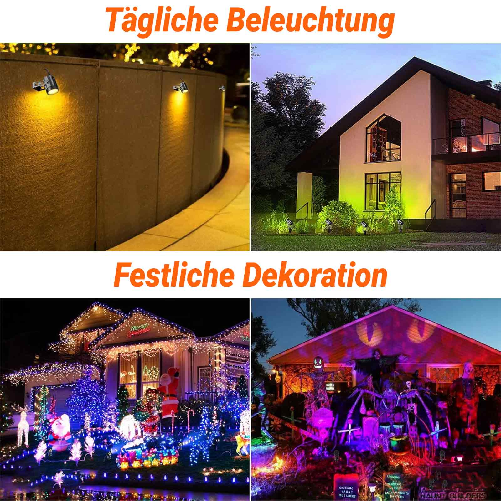 Vier Bilder mit Anwendungen für Außenbeleuchtung: Scheinwerfer und festliche Dekorationen.
