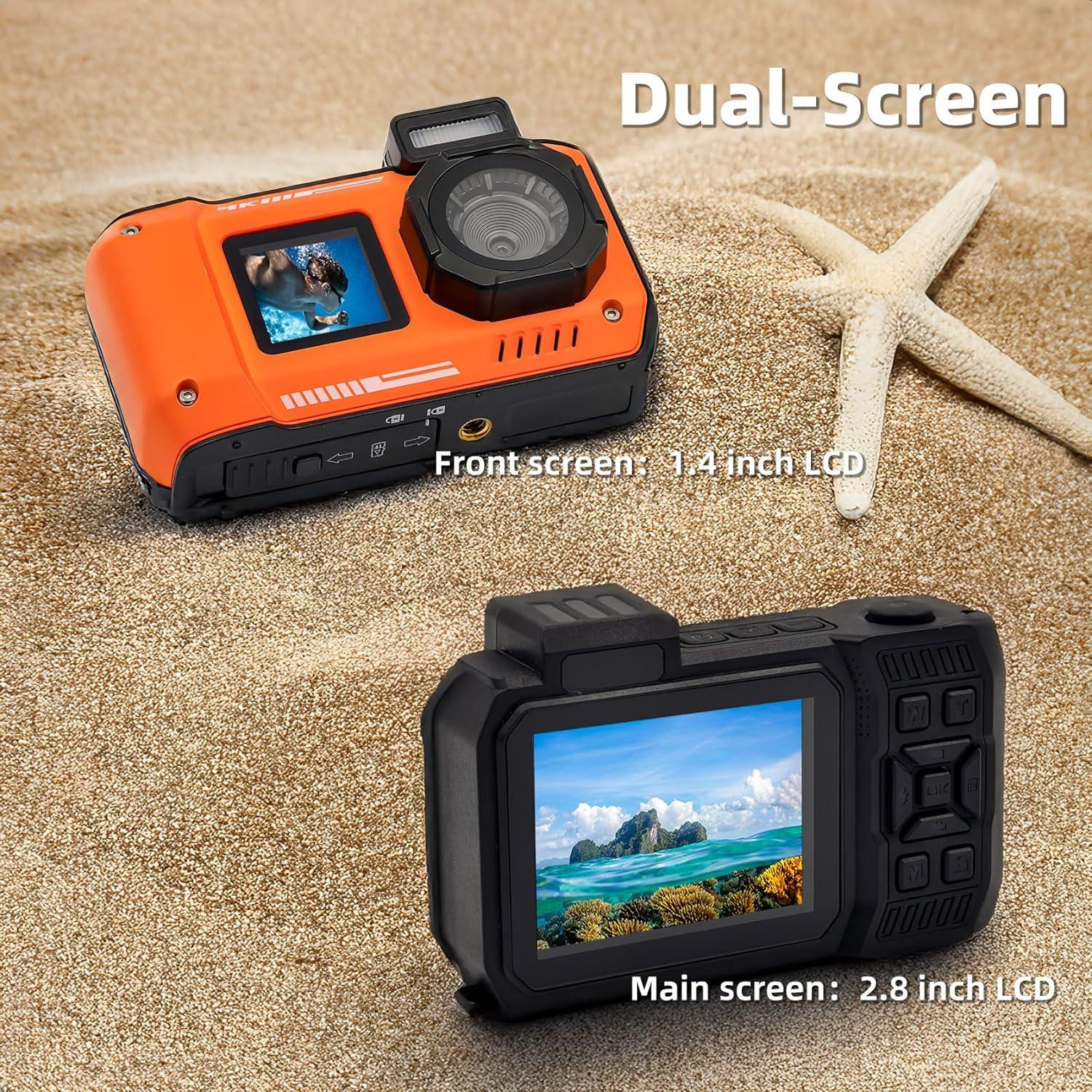 Zwei Kameras an einem Sandstrand. Eine ist orange, die andere schwarz. Ein Seestern liegt daneben.