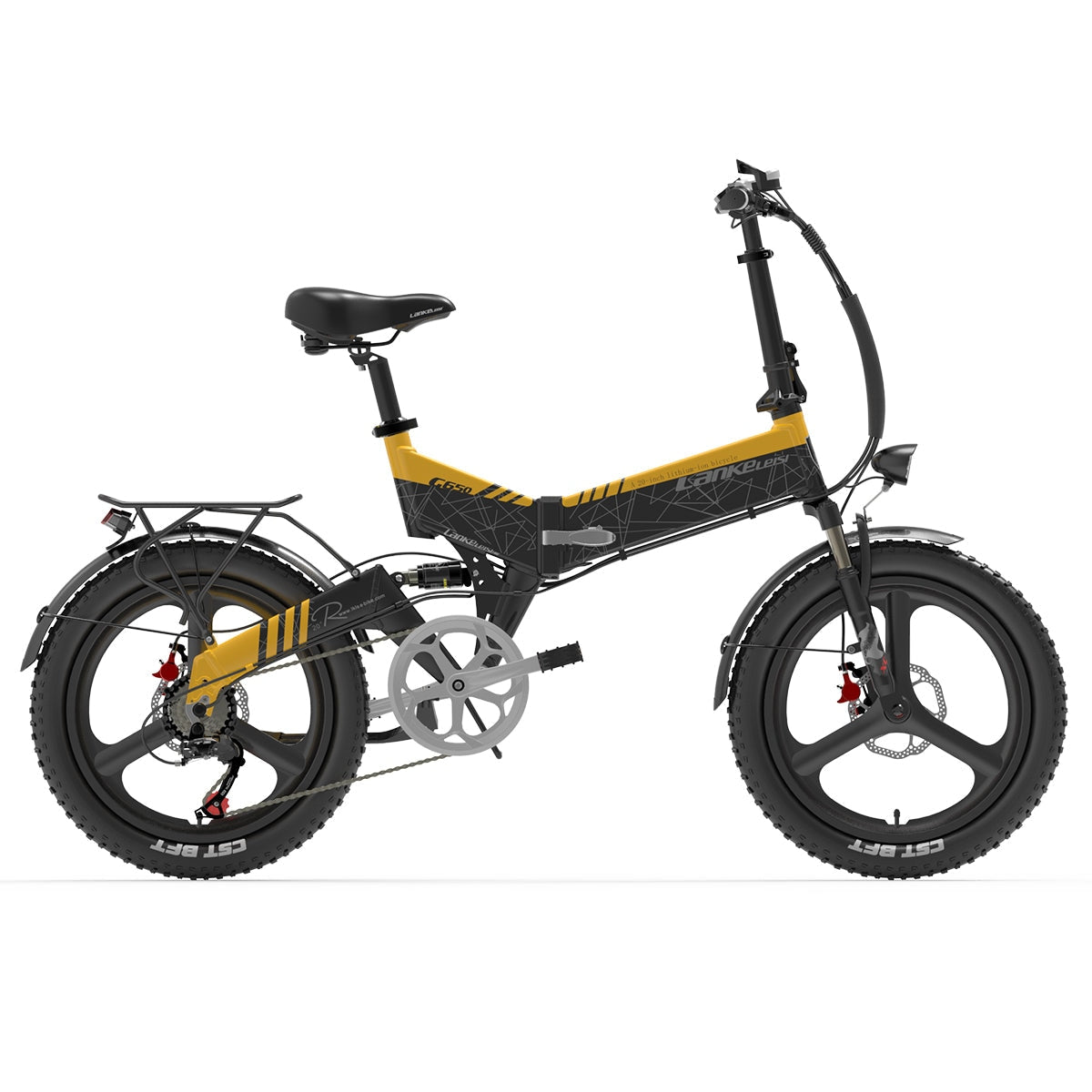 Gelb-schwarzes, zusammenklappbares Elektrofahrrad, auf weißem Hintergrund. Das Fahrrad ist zusammengeklappt.