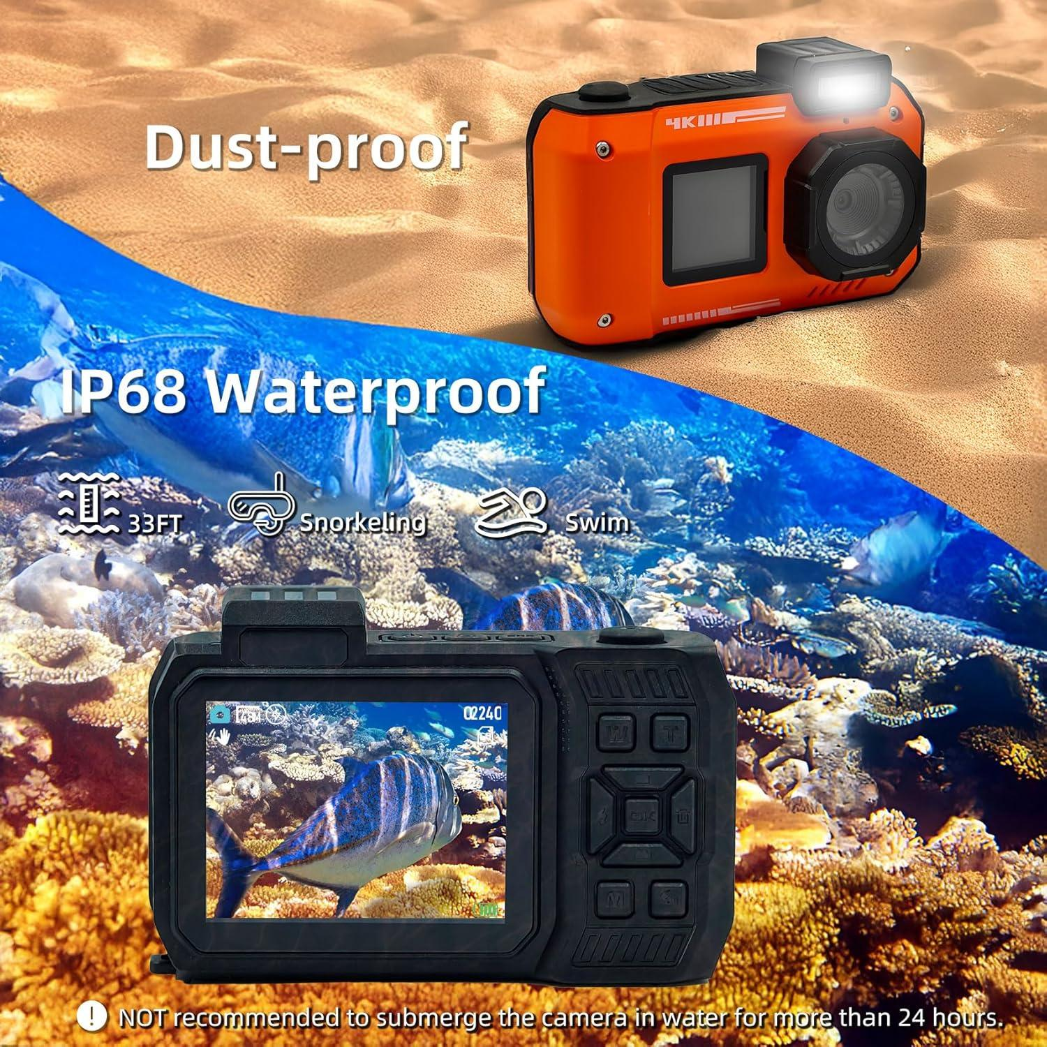 Zwei Kameras an einem Strand, die Fische zeigen. Der Text besagt staubdicht und IP68 wasserdicht.