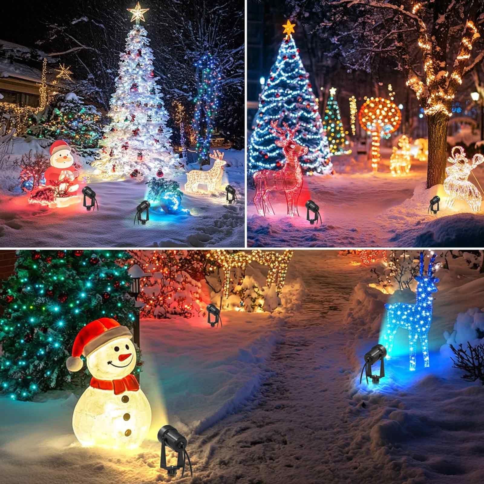 Weihnachtsdekorationen mit mehreren Projektoren beleuchtet. Bäume, Schneemänner und Rentiere sind in verschiedenen Farben beleuchtet.
