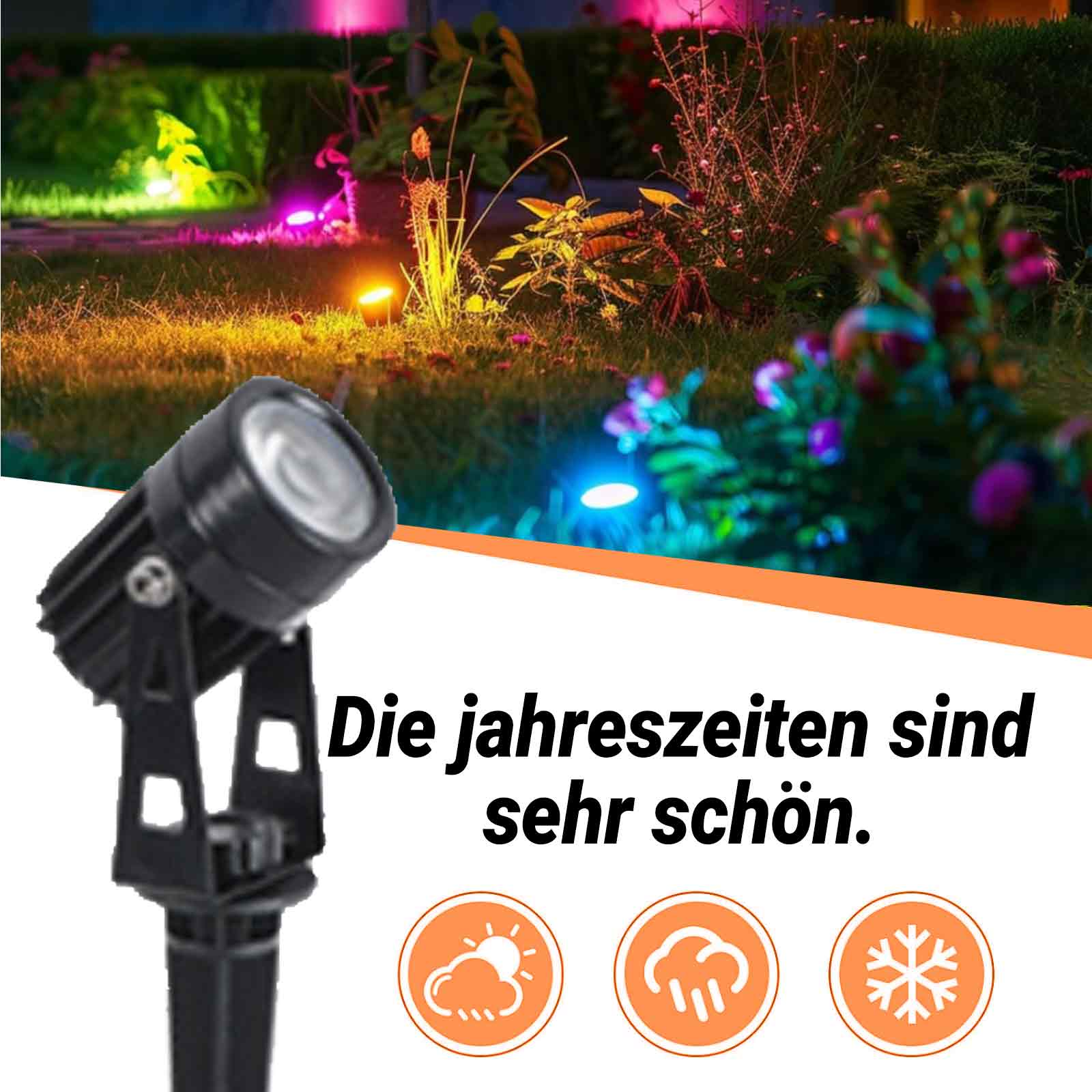 Außenstrahler, der einen Garten mit bunten Lichtern beleuchtet. Text: 'Die Jahreszeiten sind sehr schön.'