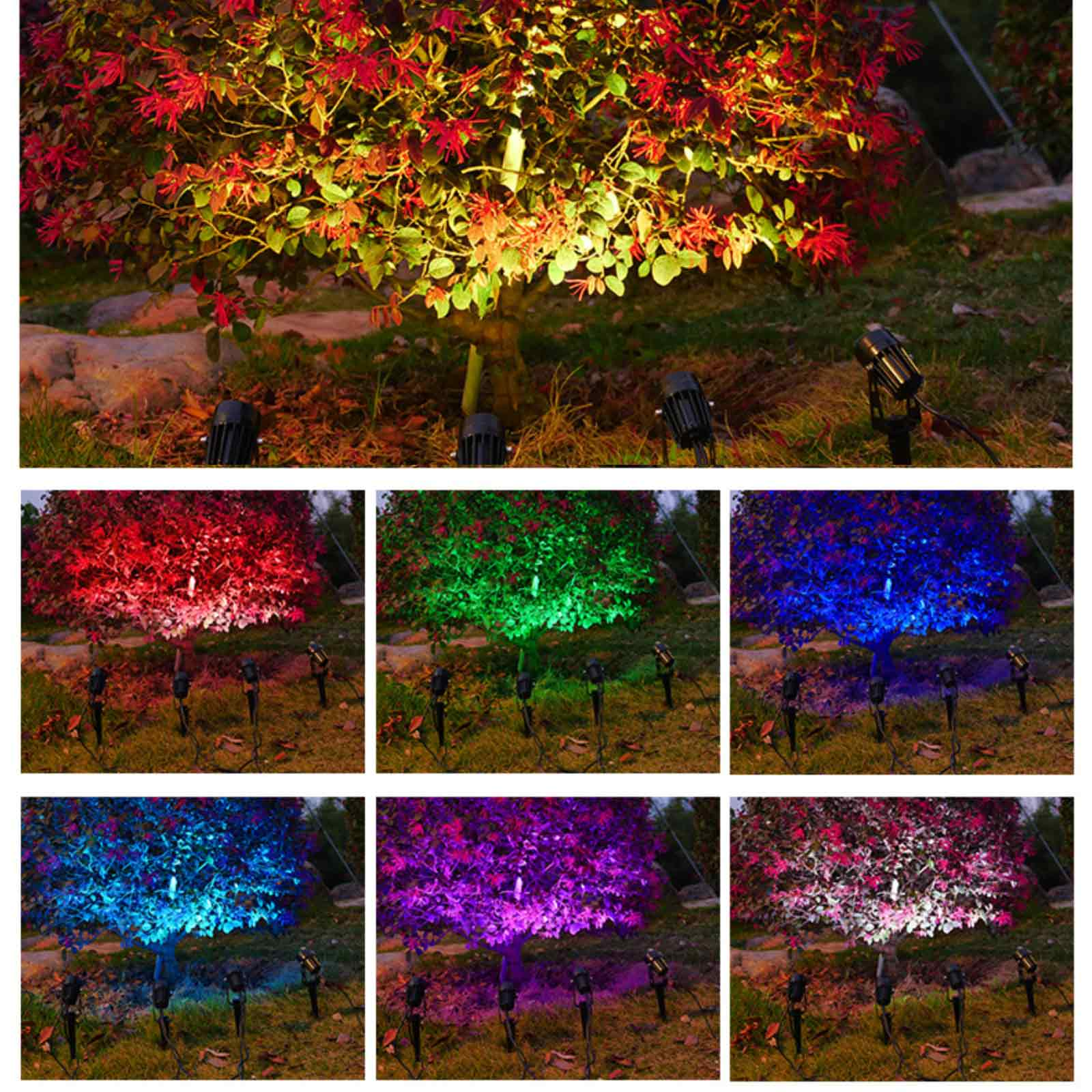 Mehrere Ansichten von Außenstrahlern, die einen Garten beleuchten. Die Lichter werden in verschiedenen Farben gezeigt.