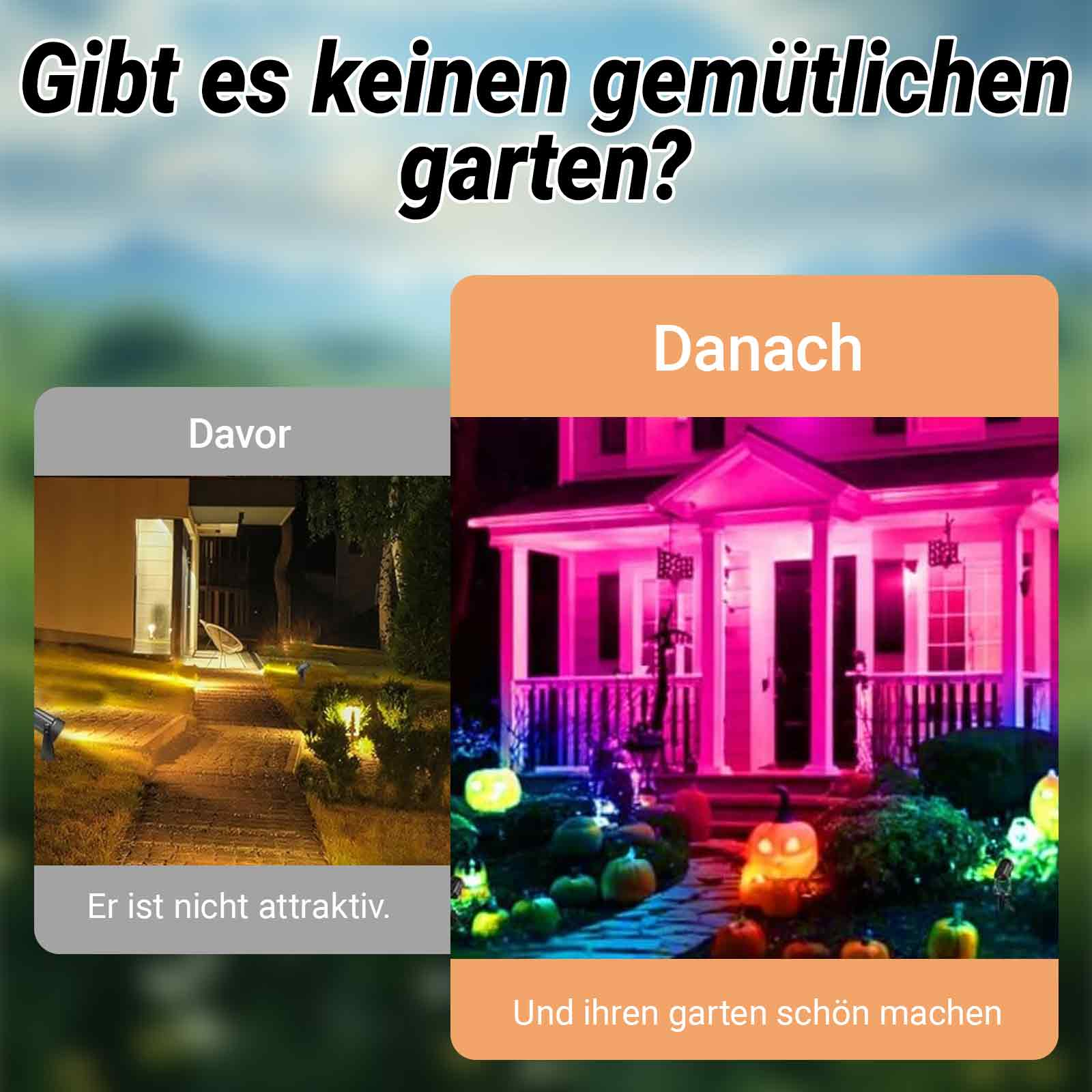 Vergleich eines Gartens vor und nach dem Hinzufügen von Lichtern, der eine visuelle Transformation zeigt.