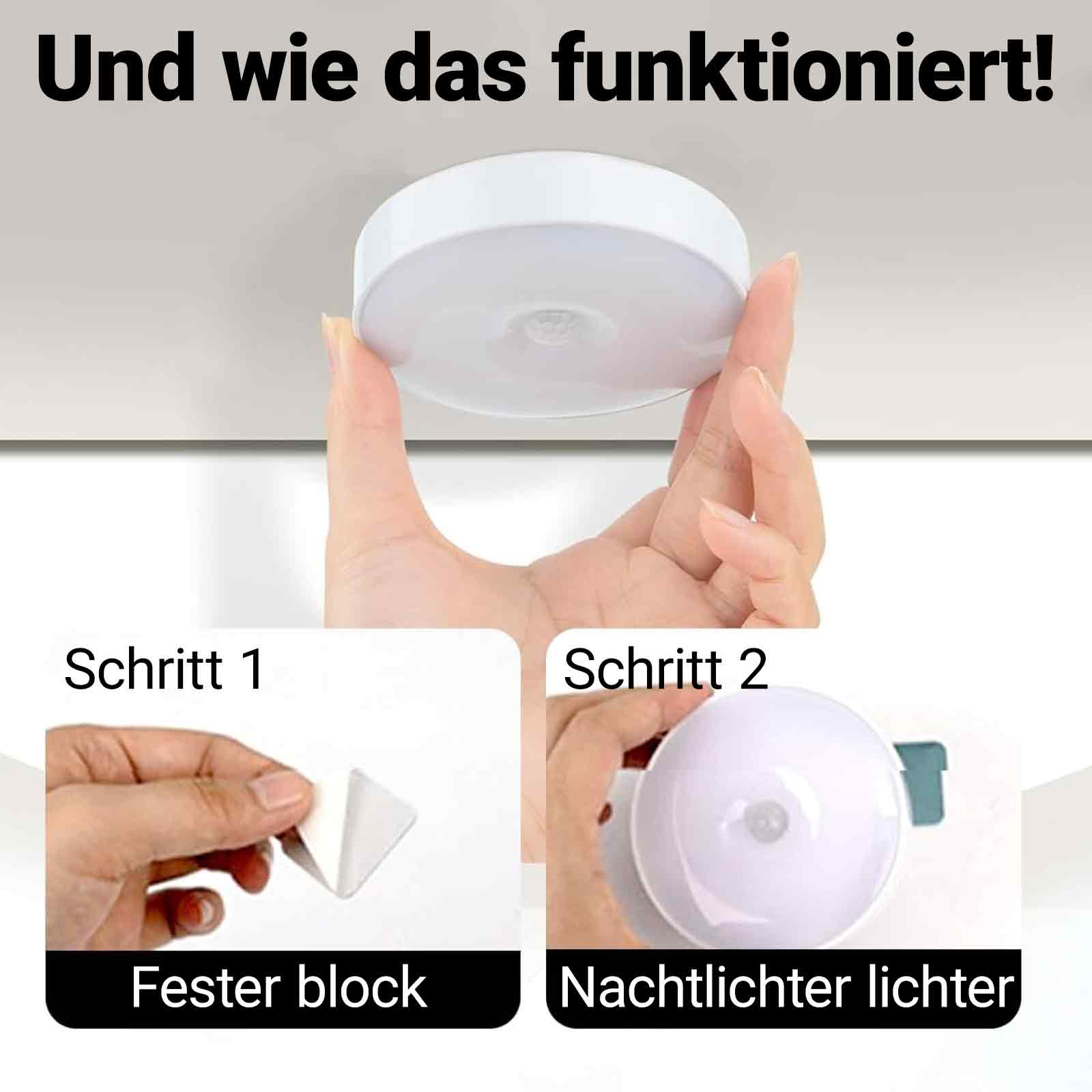 Schritt-für-Schritt-Anleitung zur Installation eines intelligenten Lichts. Hände und Produkt in einem Diagramm gezeigt.