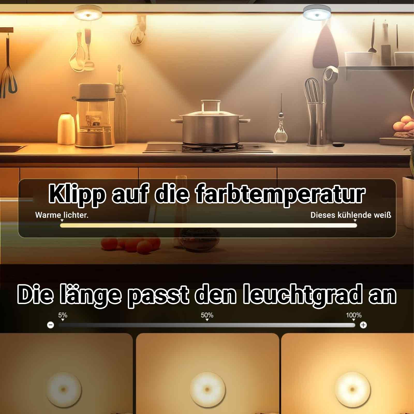 Eine Küchenszene mit Lichtern und einem Bedienfeld. Text: Farbtemperatur und Lichtintensität anpassen.