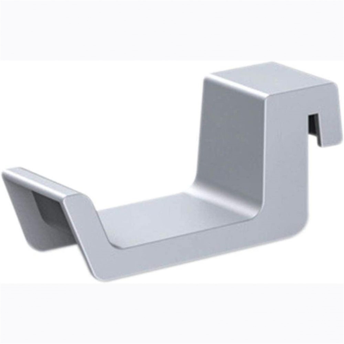 Ein silberner Metallhaken mit geschwungenem Design, vor weißem Hintergrund gezeigt.
