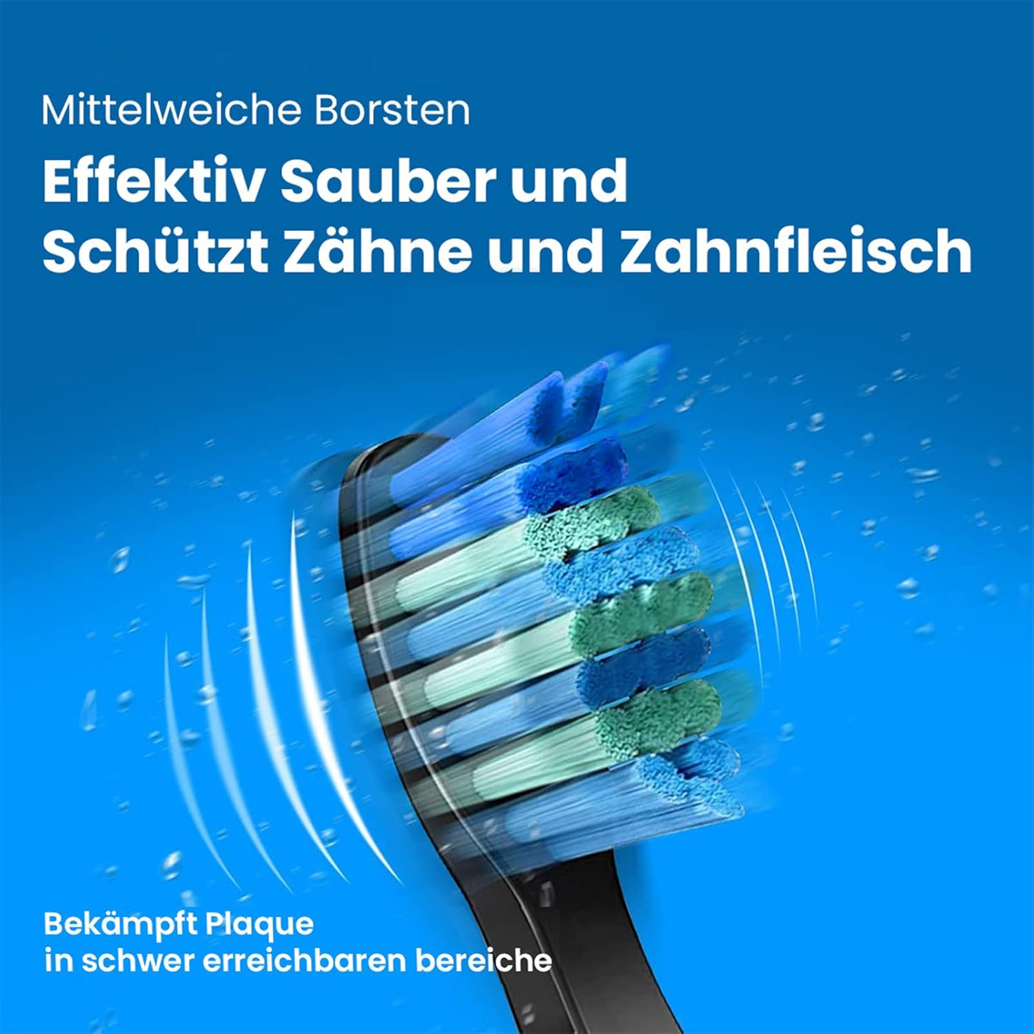 Nahaufnahme des Zahnbürstenkopfes mit blauen und grünen Borsten, die Wassertropfen zeigen.