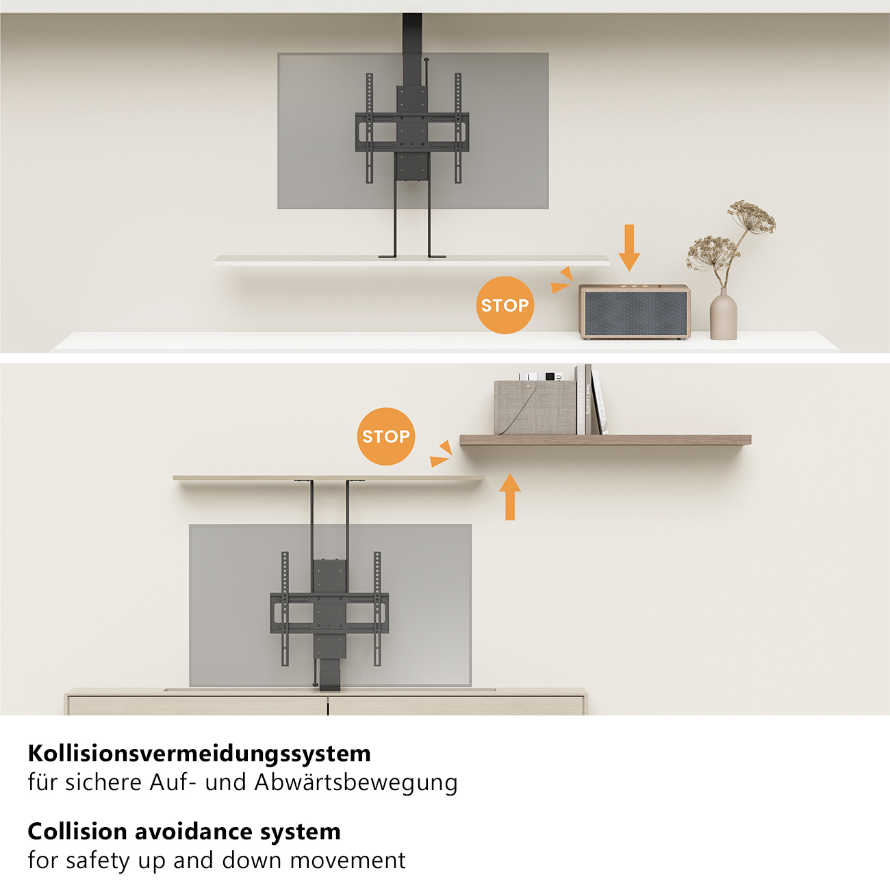 Diagramme montre support TV, avec flèches haut et bas. Texte dit système anti-collision pour mouvement sûr haut et bas.