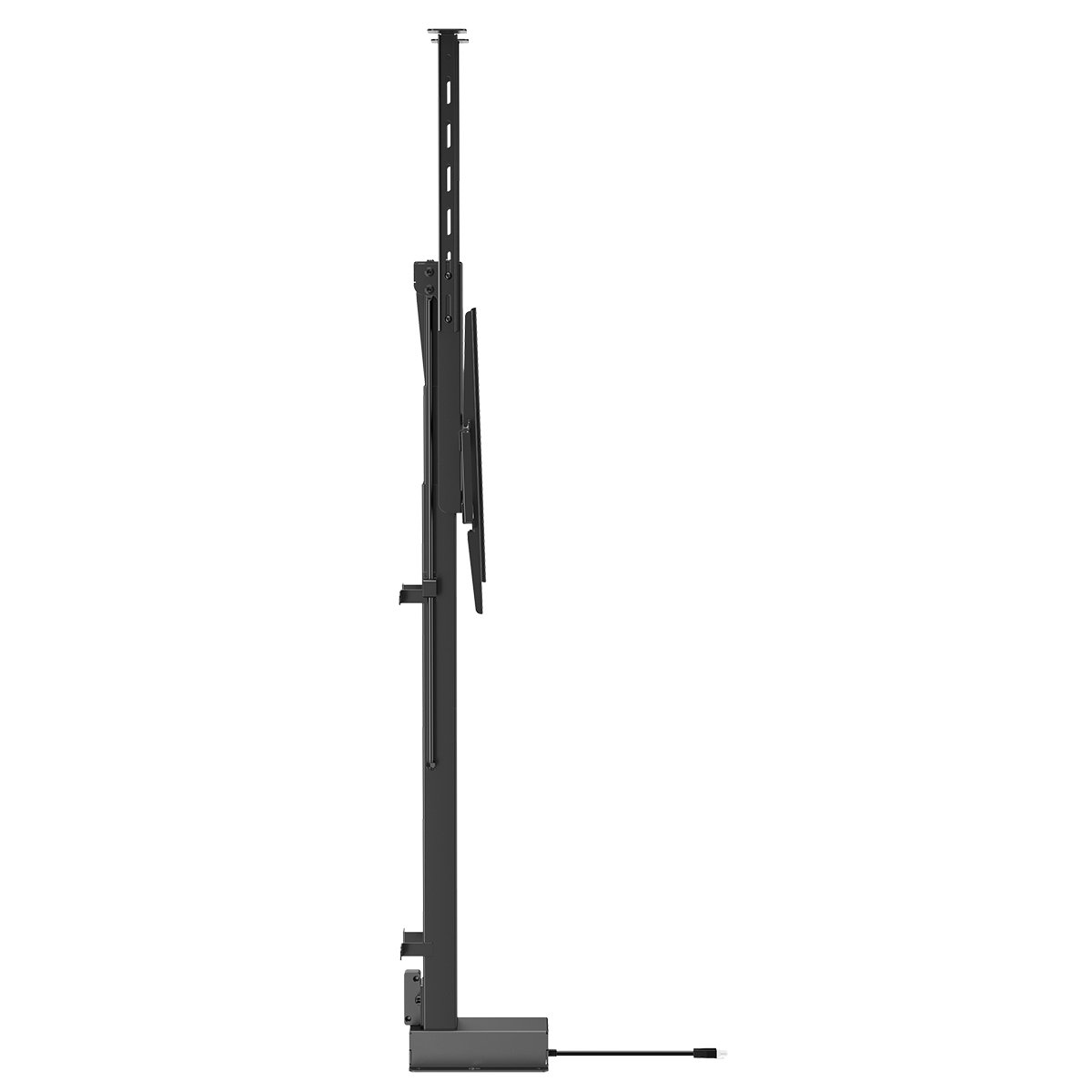 Seitenansicht eines schwarzen TV-Hebemechanismus. Der Mechanismus ist eine vertikale Säule mit Halterungen und einem Kabel.