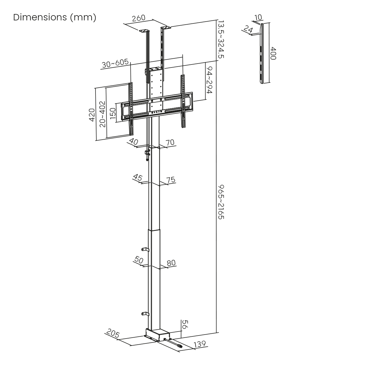 Technische Zeichnung eines TV-Hebemechanismus. Maße in mm sind beschriftet. Es zeigt die Teile des Hebemechanismus.