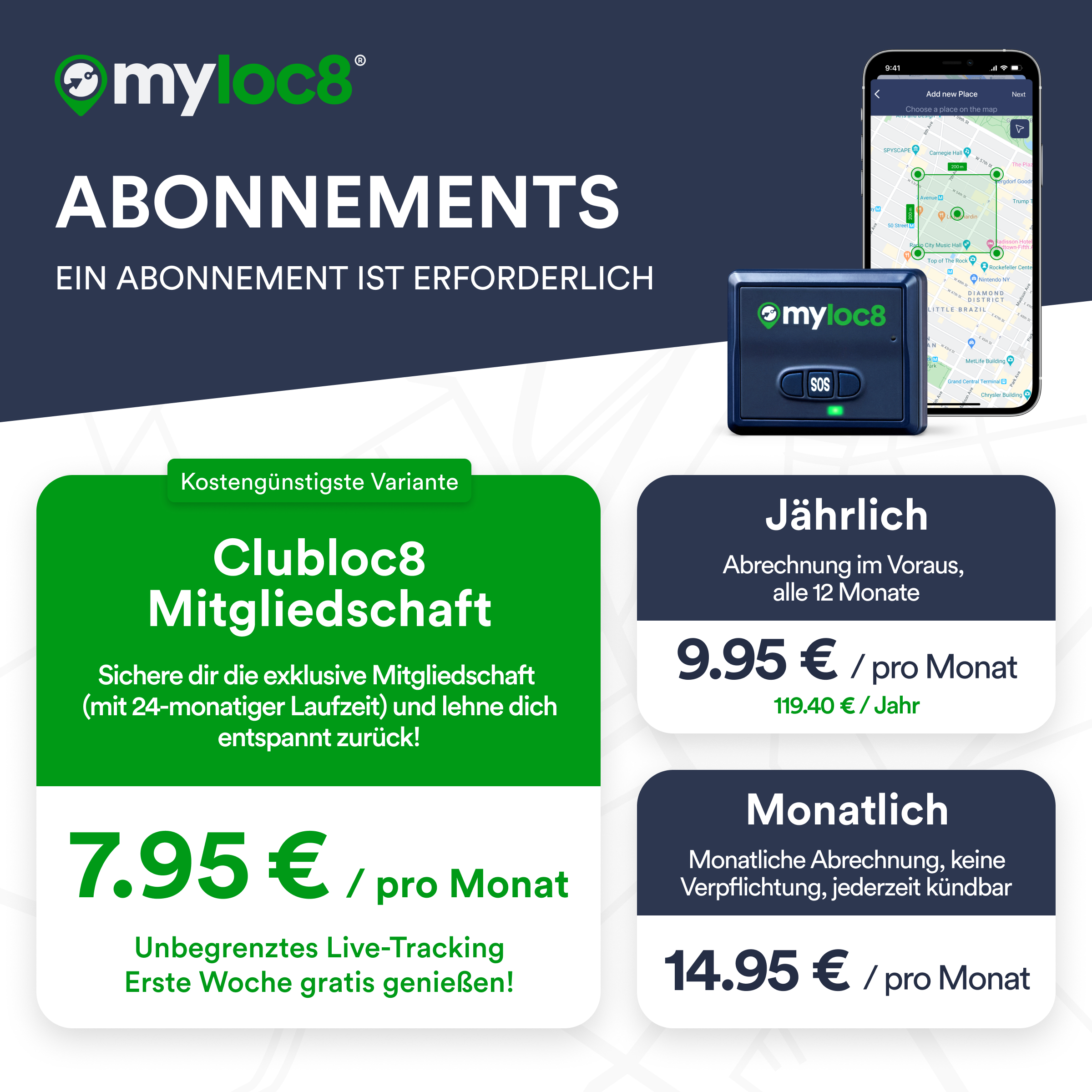 Werbebild für myloc8 mit Abonnementplänen und Gerätedetails, einschließlich Preisen und Funktionen.