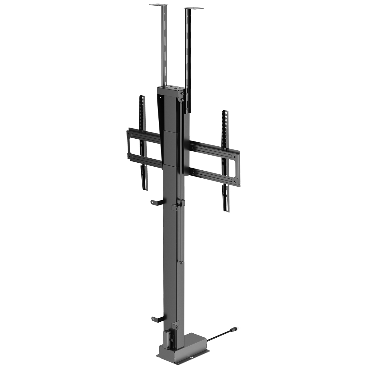 Mécanisme de levage TV noir avec finition sombre, isolé sur fond blanc. Le mécanisme est vertical avec des supports.