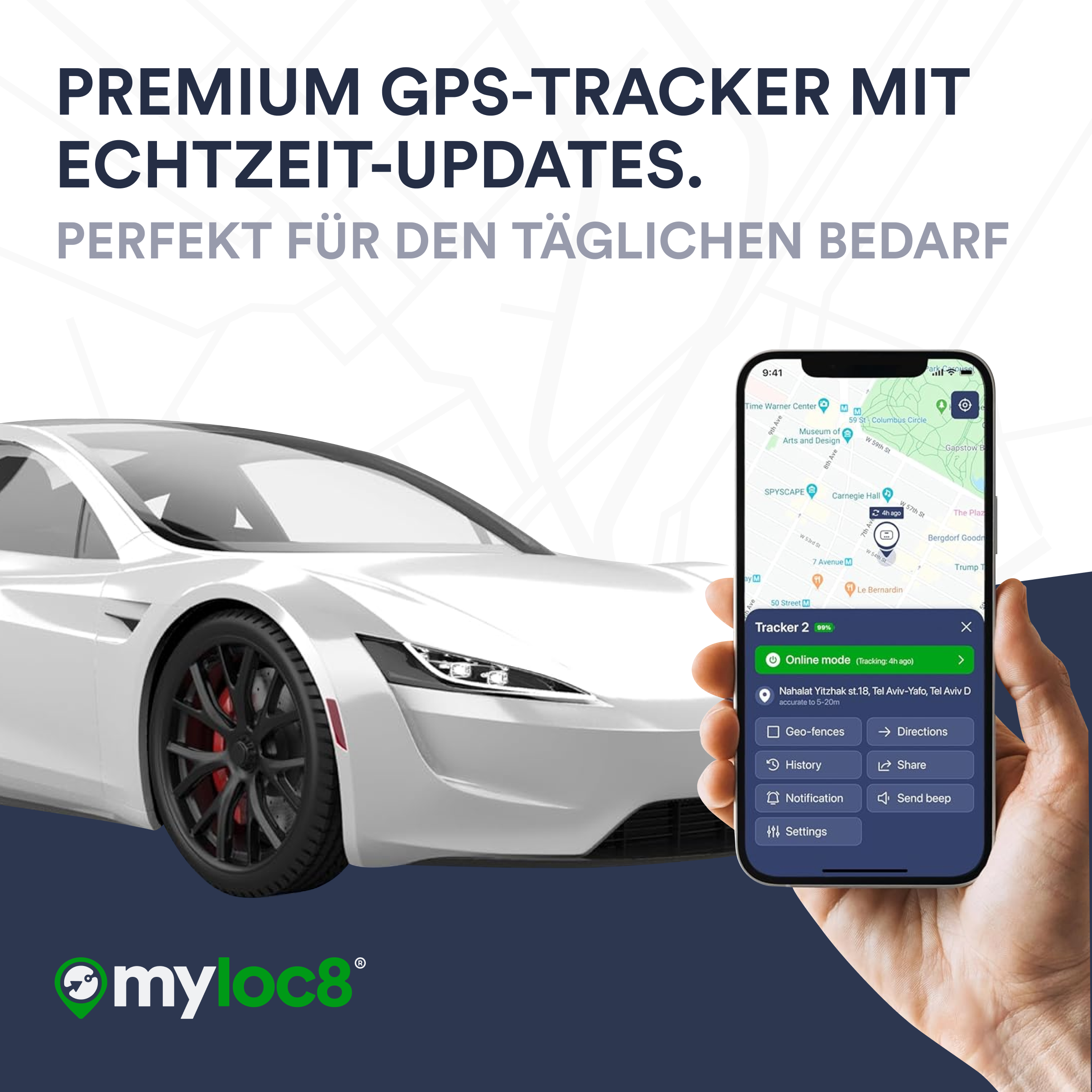 Bild zeigt ein weißes Auto mit einem Telefon, das eine Karte und GPS-Tracking-Funktionen zeigt.