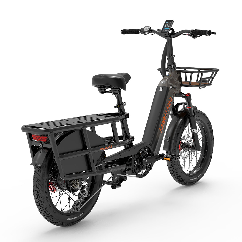 Schwarz-graues Elektrofahrrad von hinten gesehen, mit Gepäckträger und Korb. Es ist auf weißem Hintergrund.
