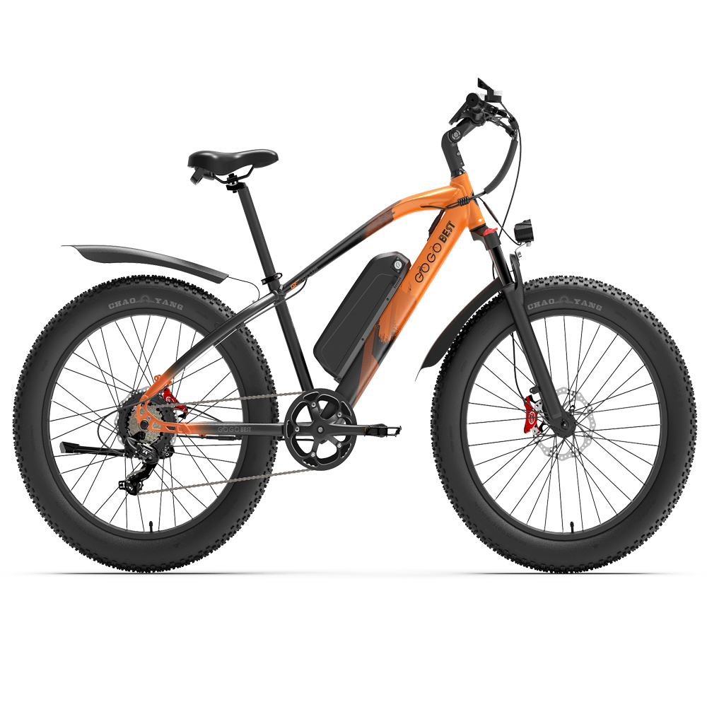 Bicicletta elettrica con schema di colori arancione e nero, pneumatici spessi e batteria nera.