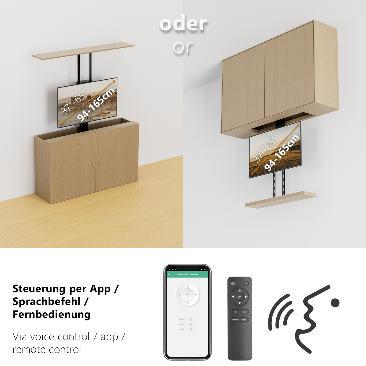 Deux images montrant une télévision dans une armoire, avec des options de contrôle vocal/application/télécommande.