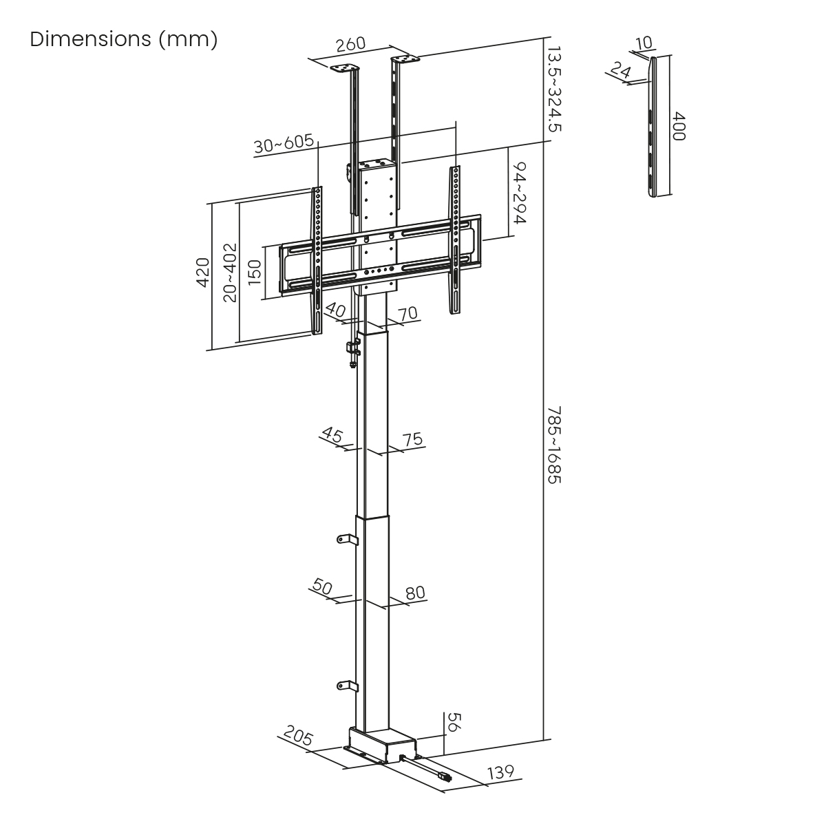Technische Zeichnung eines TV-Liftsystems. Maße sind in Millimetern angegeben. Das System wird detailliert dargestellt.