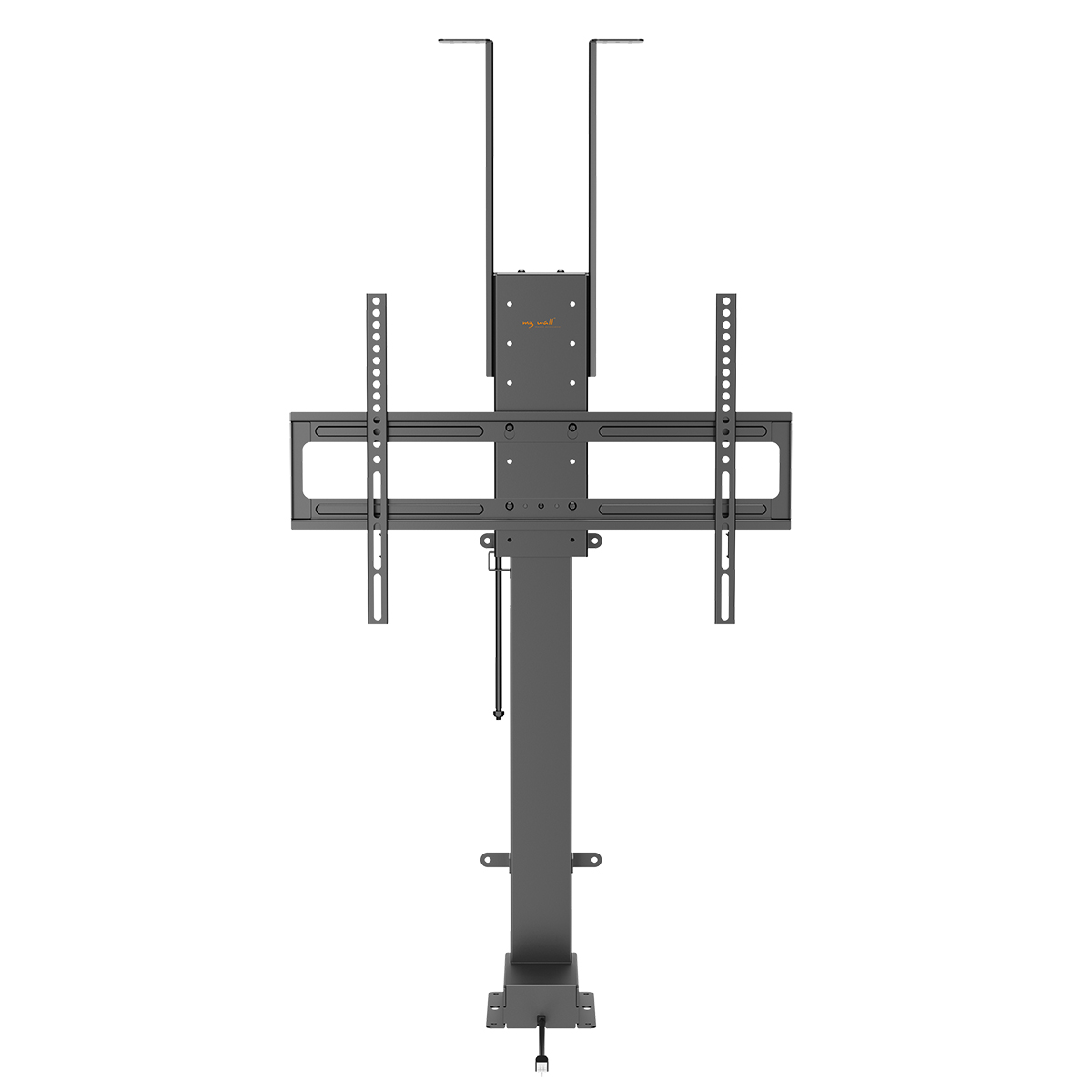 Un support de télévision noir avec une télévision montée, sur fond blanc.