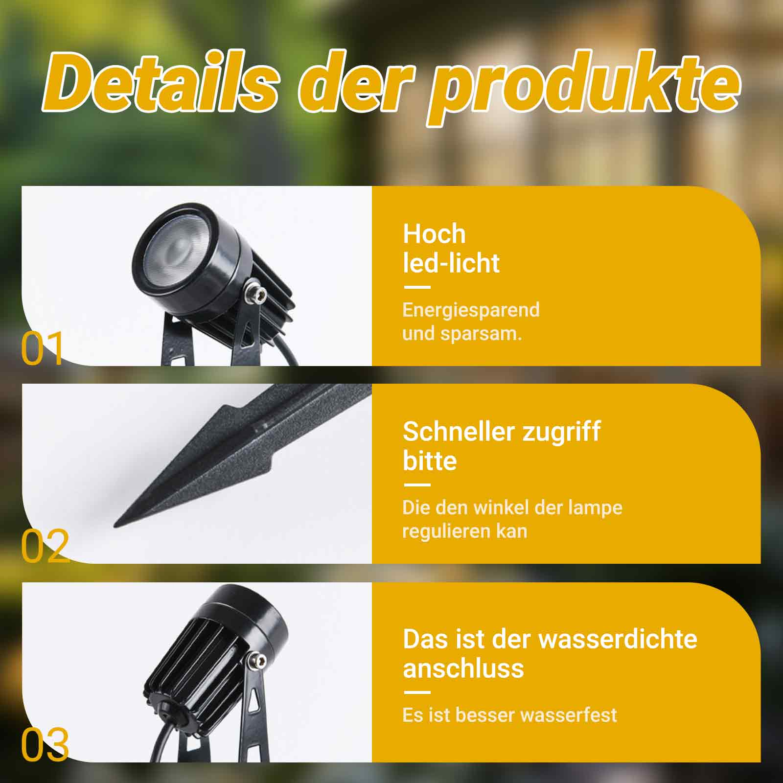 Nahaufnahmedetails von Außen-Strahlern mit Text zur Beschreibung der Funktionen.