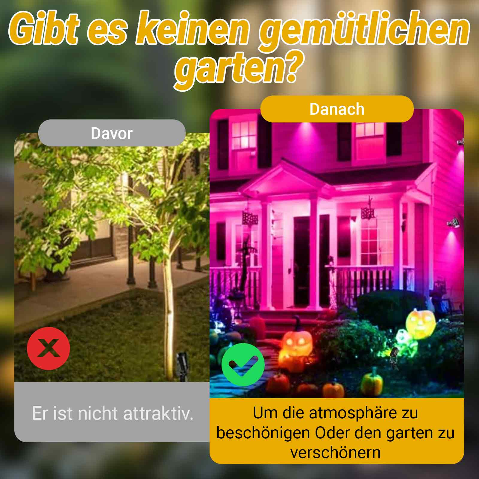 Bild zeigt Vorher-Nachher eines Hauses. Vorher ist der Garten langweilig. Danach ist das Haus mit farbigen Lichtern beleuchtet.