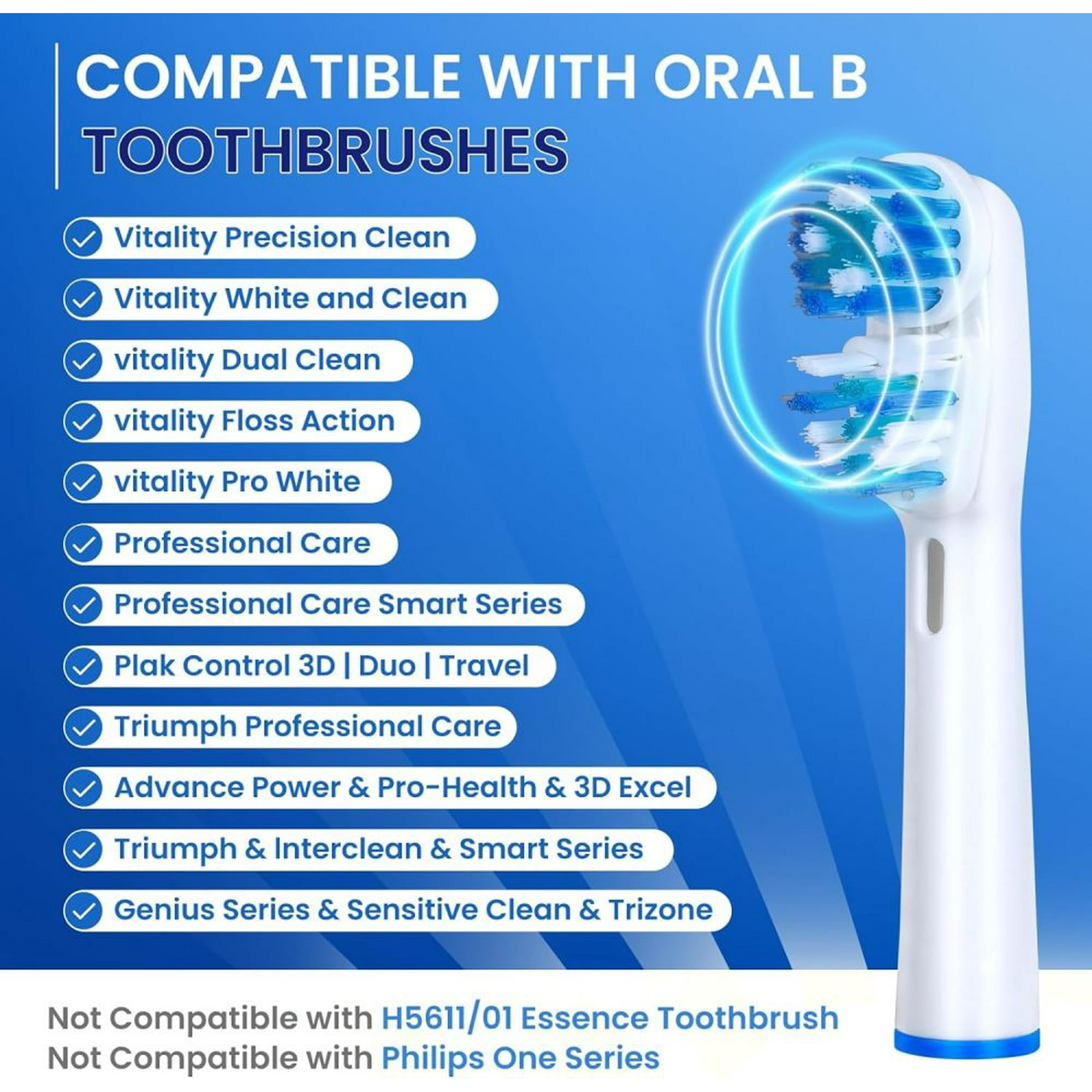 Text, der kompatible Oral-B-Zahnbürstenmodelle auflistet. Rechts ein Bürstenkopf.