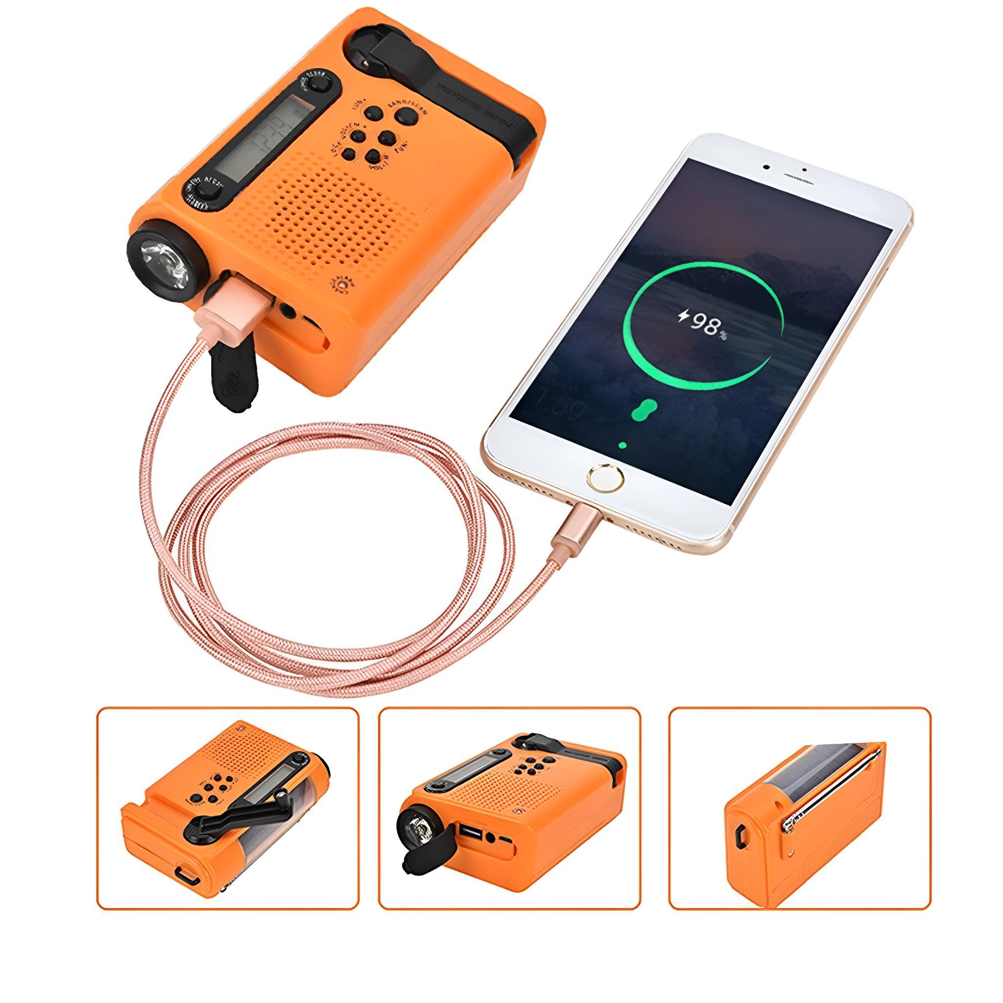 Ein orangefarbenes Notfallradio, das ein Telefon auflädt, mit zusätzlichen Ansichten des Radios.