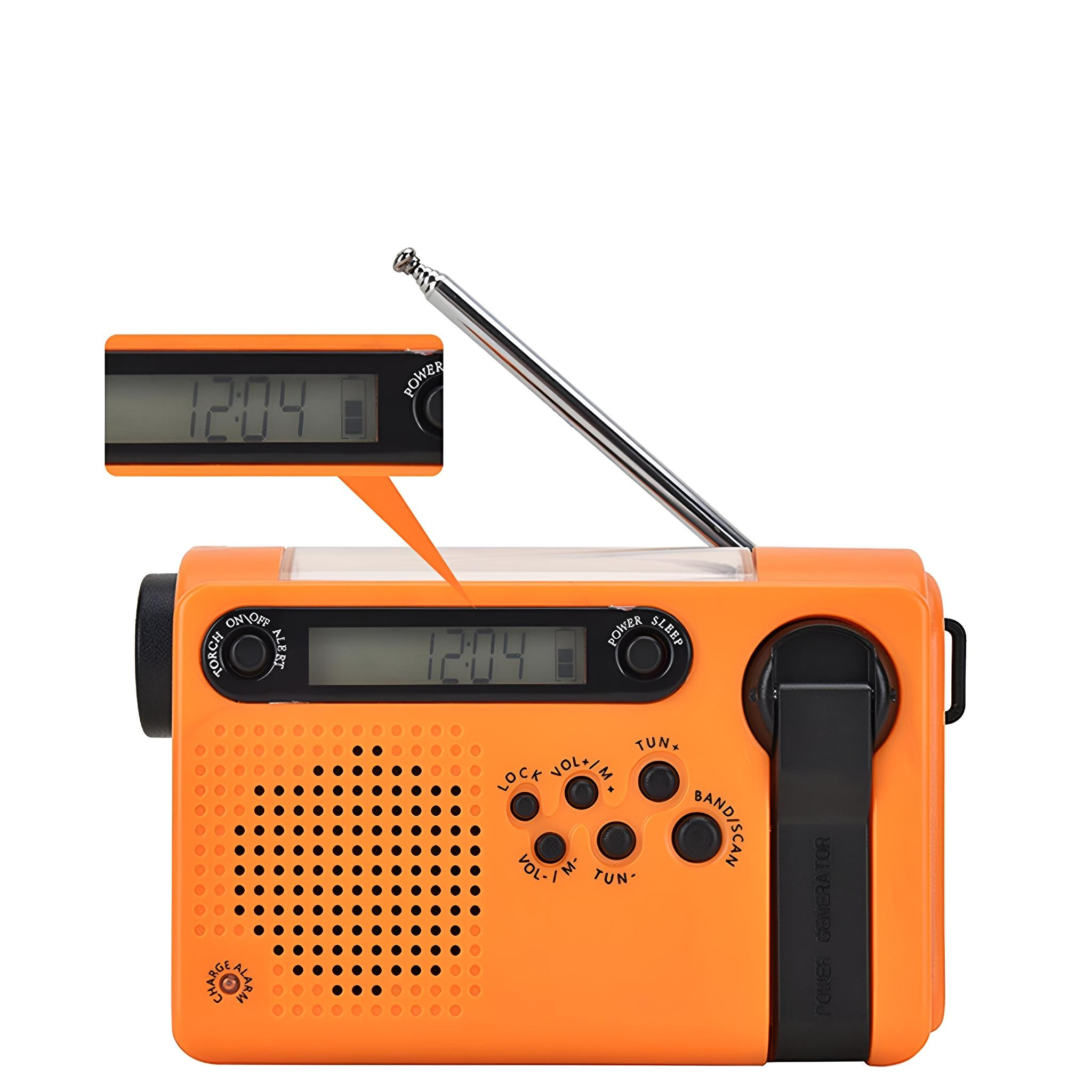 Oranges Kurbelradio mit Digitalanzeige 12:04. Der Ausschnitt zeigt dasselbe.