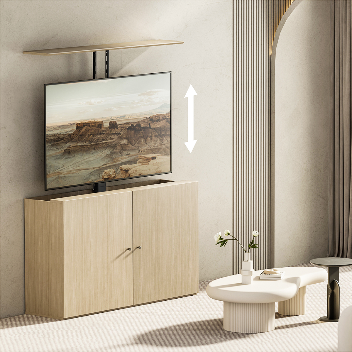 Ein modernes Wohnzimmer mit einem Fernseher, der aus einem Schrank aufsteigt. Ein weißer Pfeil zeigt die Bewegung.