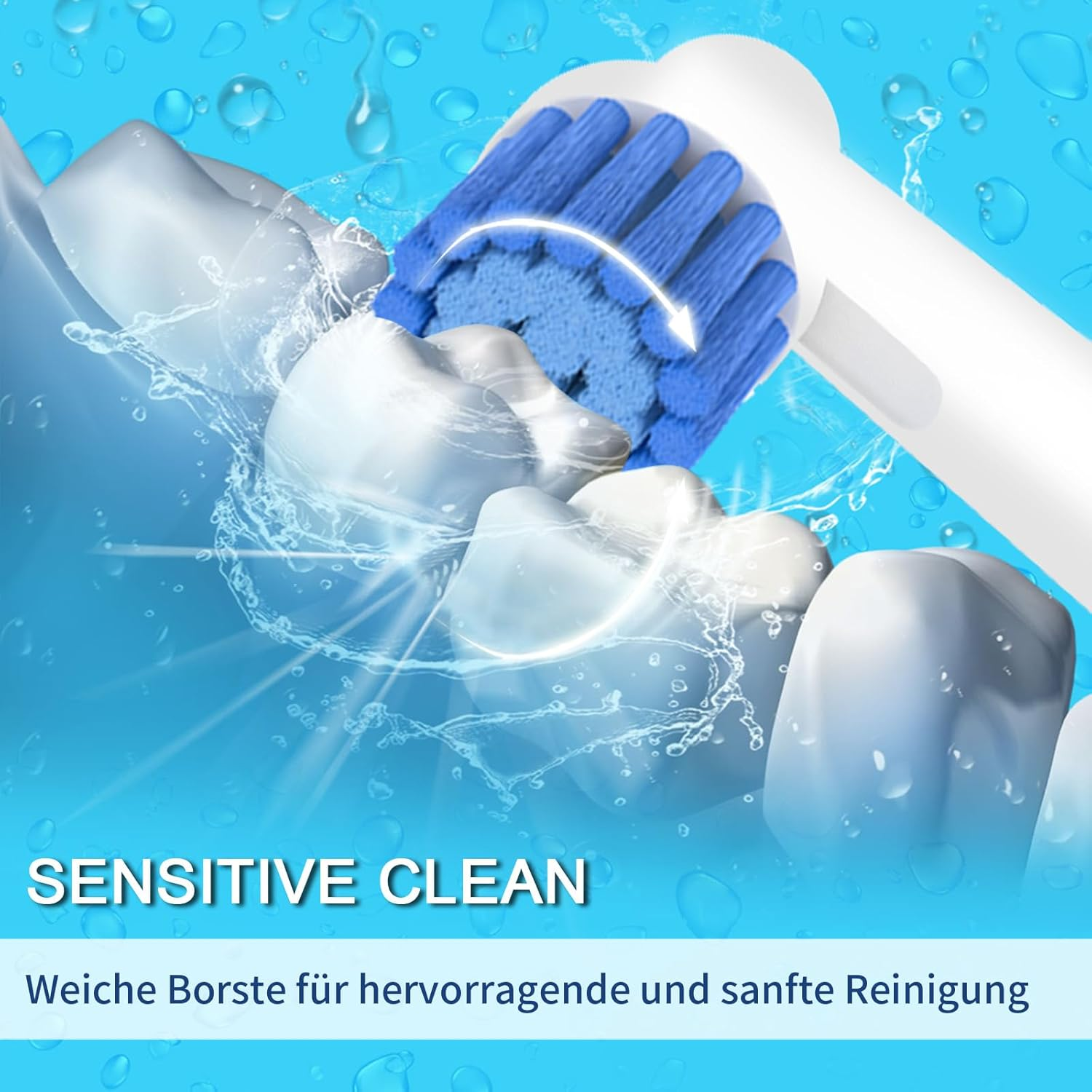 Nahaufnahme eines elektrischen Zahnbürstenkopfes mit blauen Borsten, die Zähne putzen. Weißer Hintergrund.