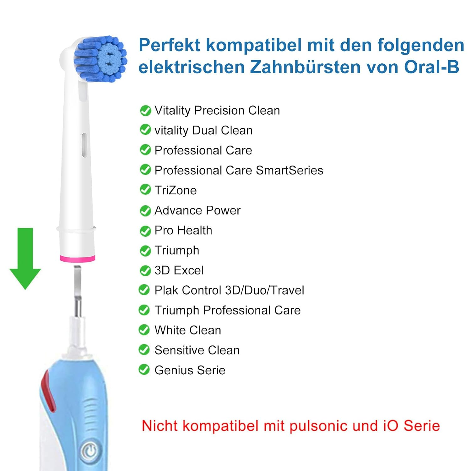 Eine elektrische Zahnbürste mit einer Liste kompatibler Modelle. Die Zahnbürste ist weiß mit blauem Kopf.