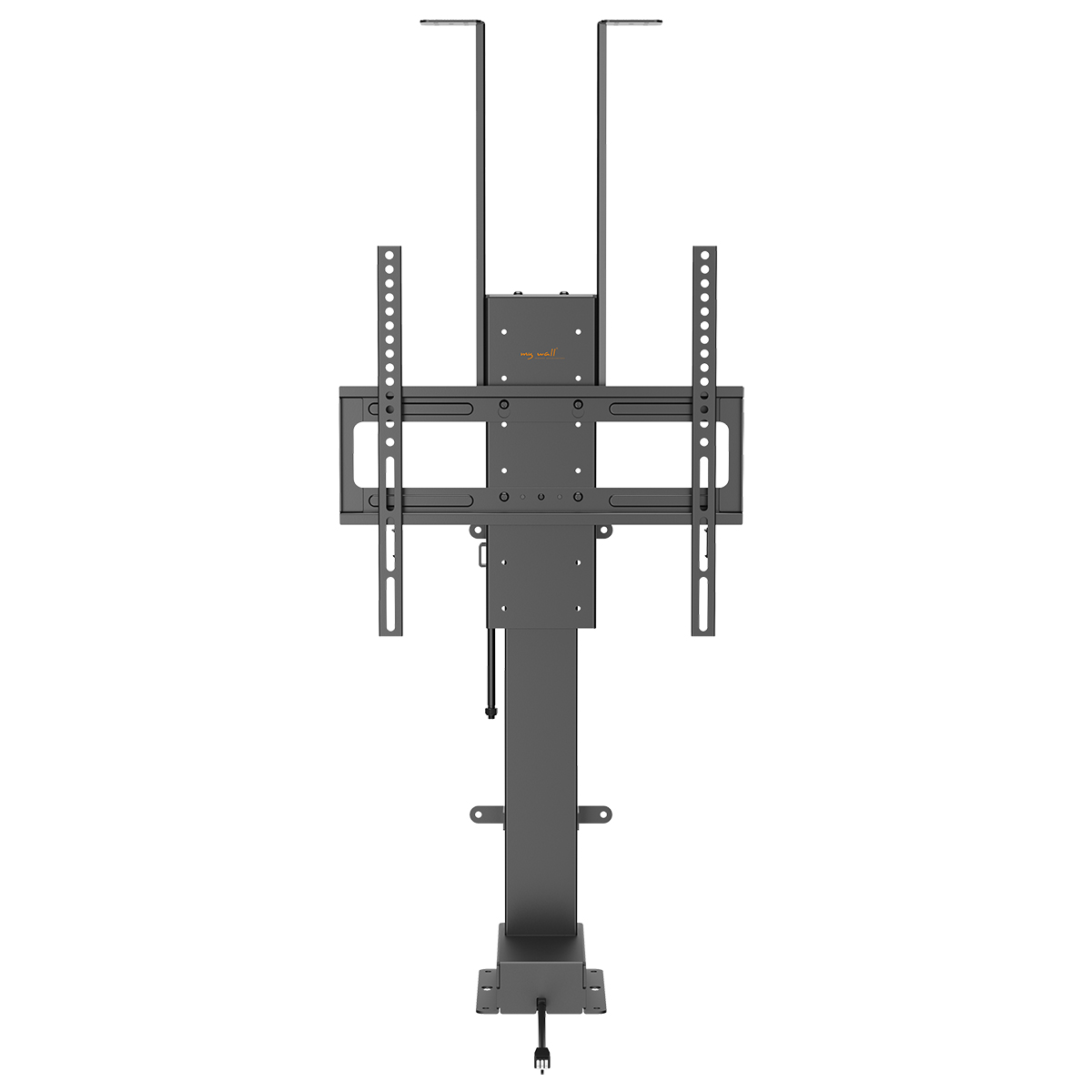 Ein schwarzer TV-Hebe-Mechanismus. Es hat einen rechteckigen Rahmen mit Montagehalterungen.