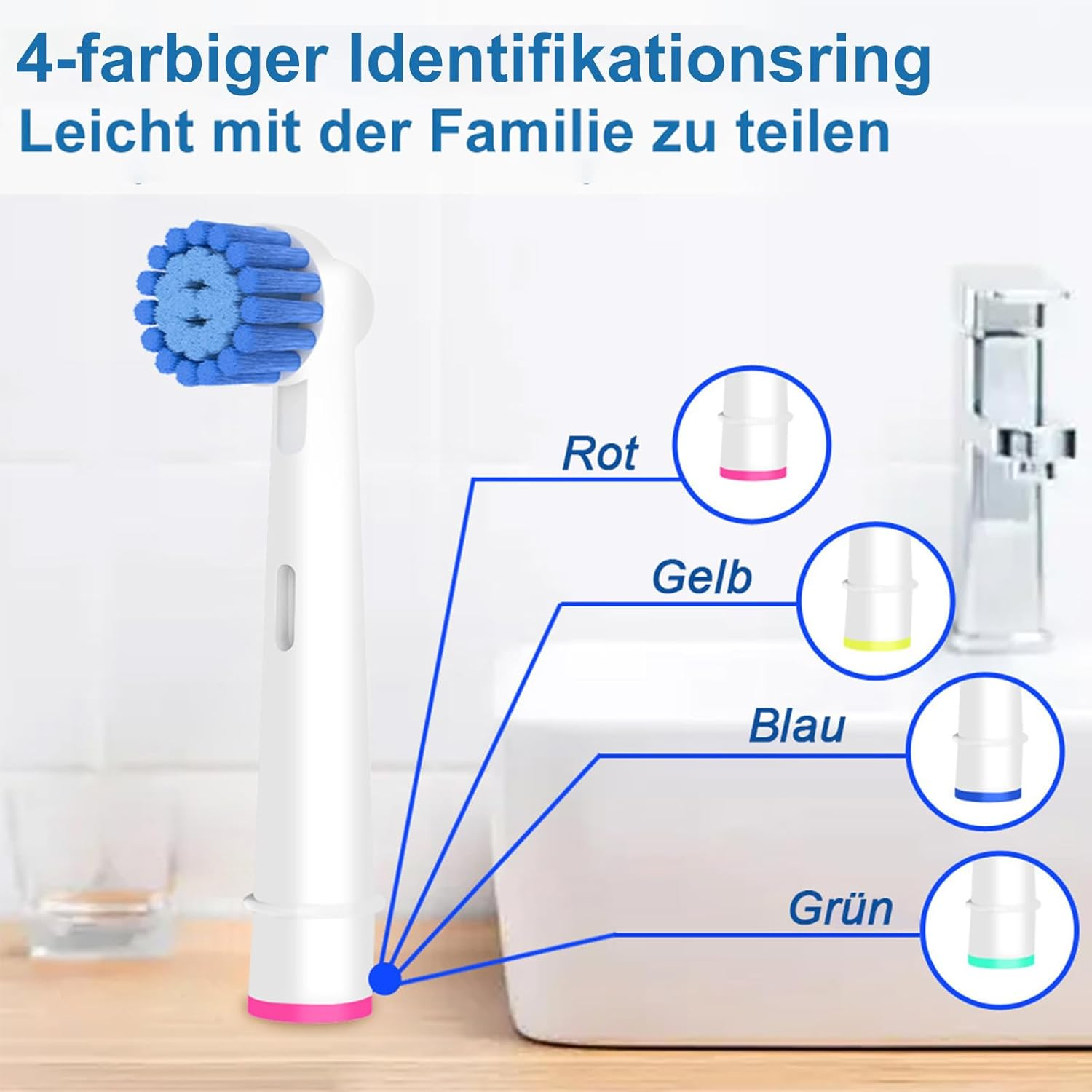 Ein elektrischer Zahnbürstenkopf mit vier farbigen Ringen und einem Waschbecken im Hintergrund.