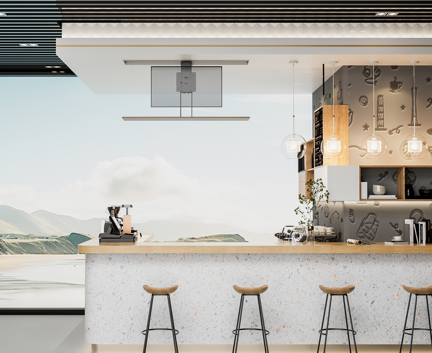 Café-Interieur mit Barhockern, Fernseher und Hintergrund einer Landschaft. Der Himmel ist blau.