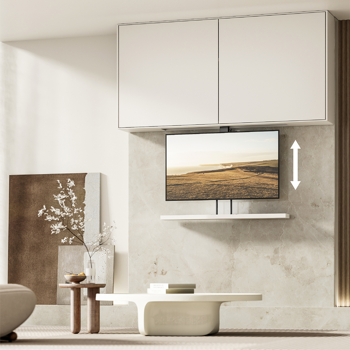 Modernes Zimmer mit montiertem Fernseher, weißen Schränken und einem weißen Tisch, mit Kunst und Deko.