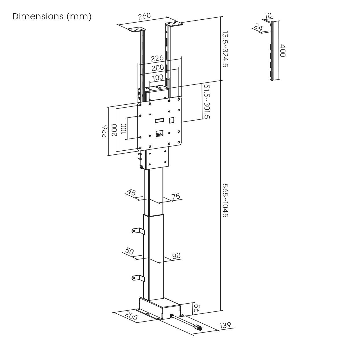 Diagramm, das einen Hebemechanismus mit Abmessungen und Messungen auf weißem Hintergrund zeigt.